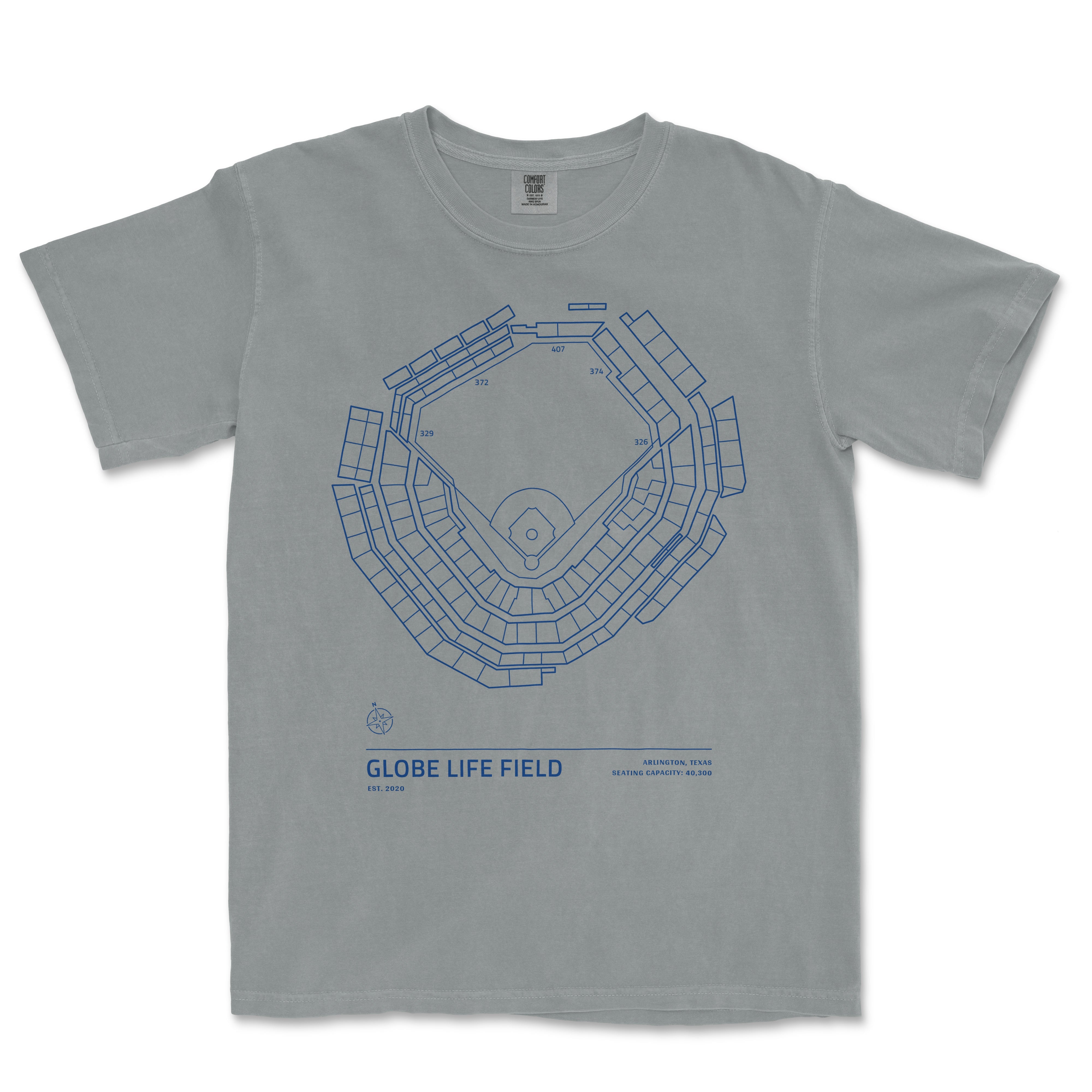 Gray Comfort Colors T-shirt featuring a blue line drawing of Globe Life Field stadium seating chart, with location details.