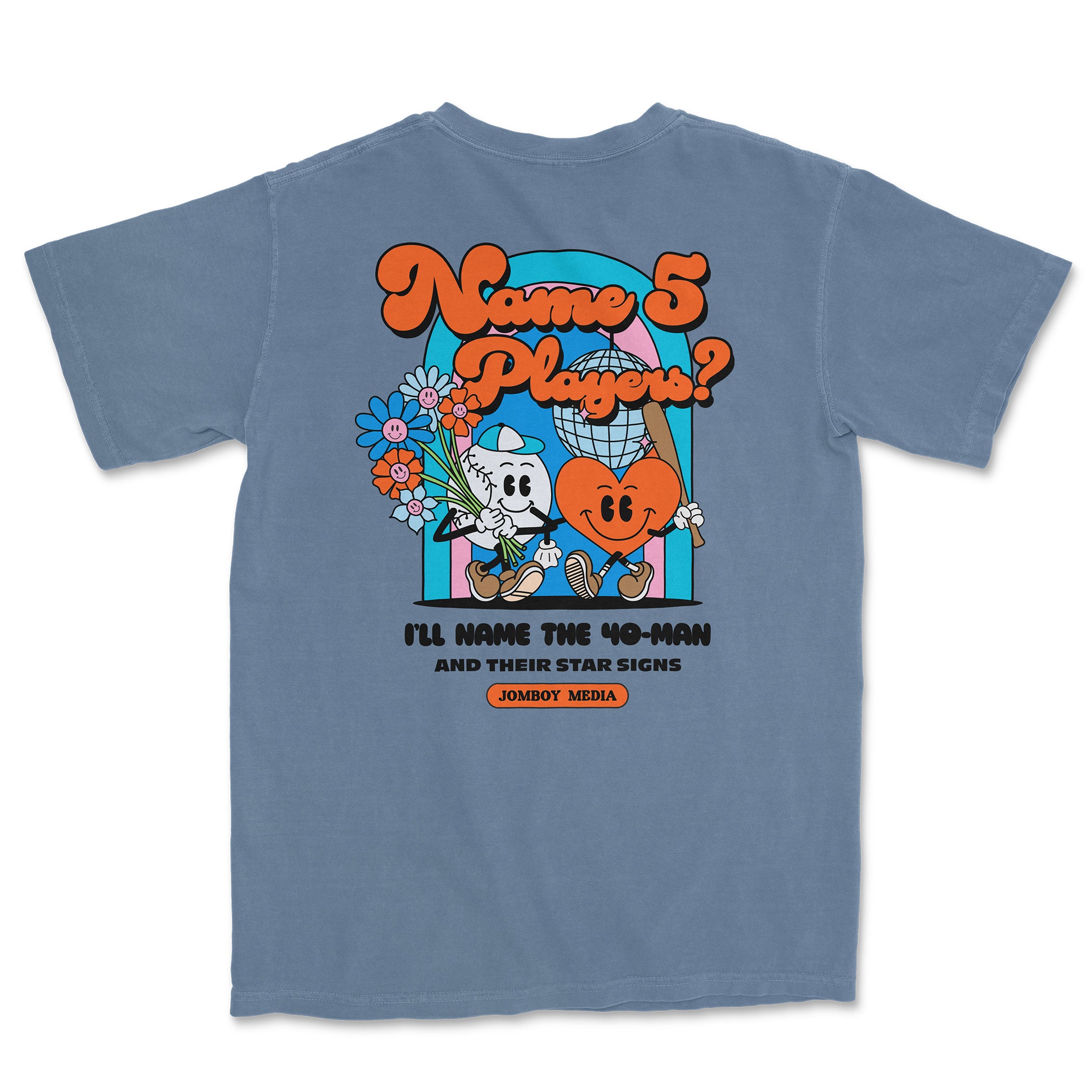 Back of a Comfort Colors tee featuring cartoon characters, colorful text, and a playful design with flowers and star signs.