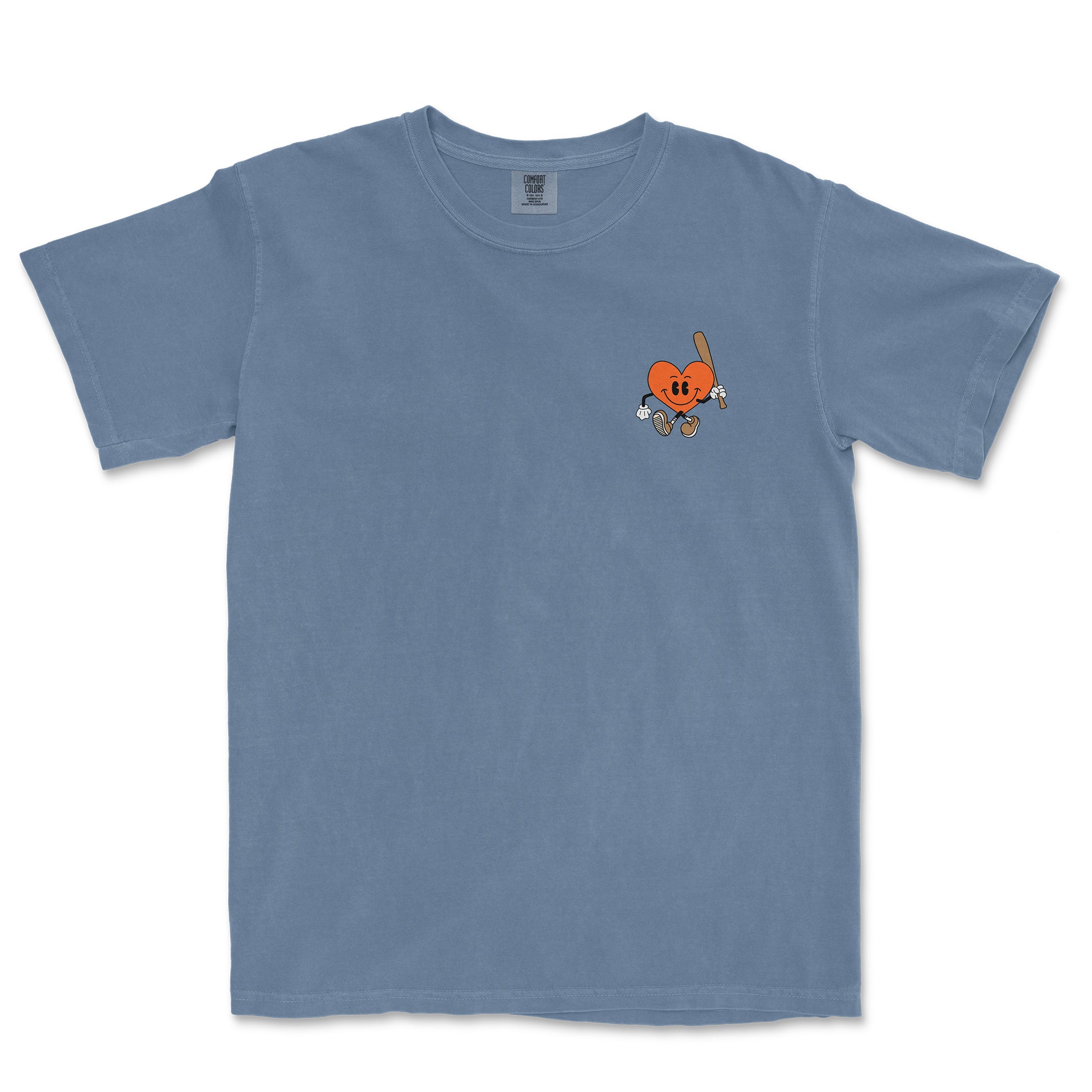 Comfort Colors blue tee featuring a cute heart character holding a baseball bat, with a playful, sporty design.