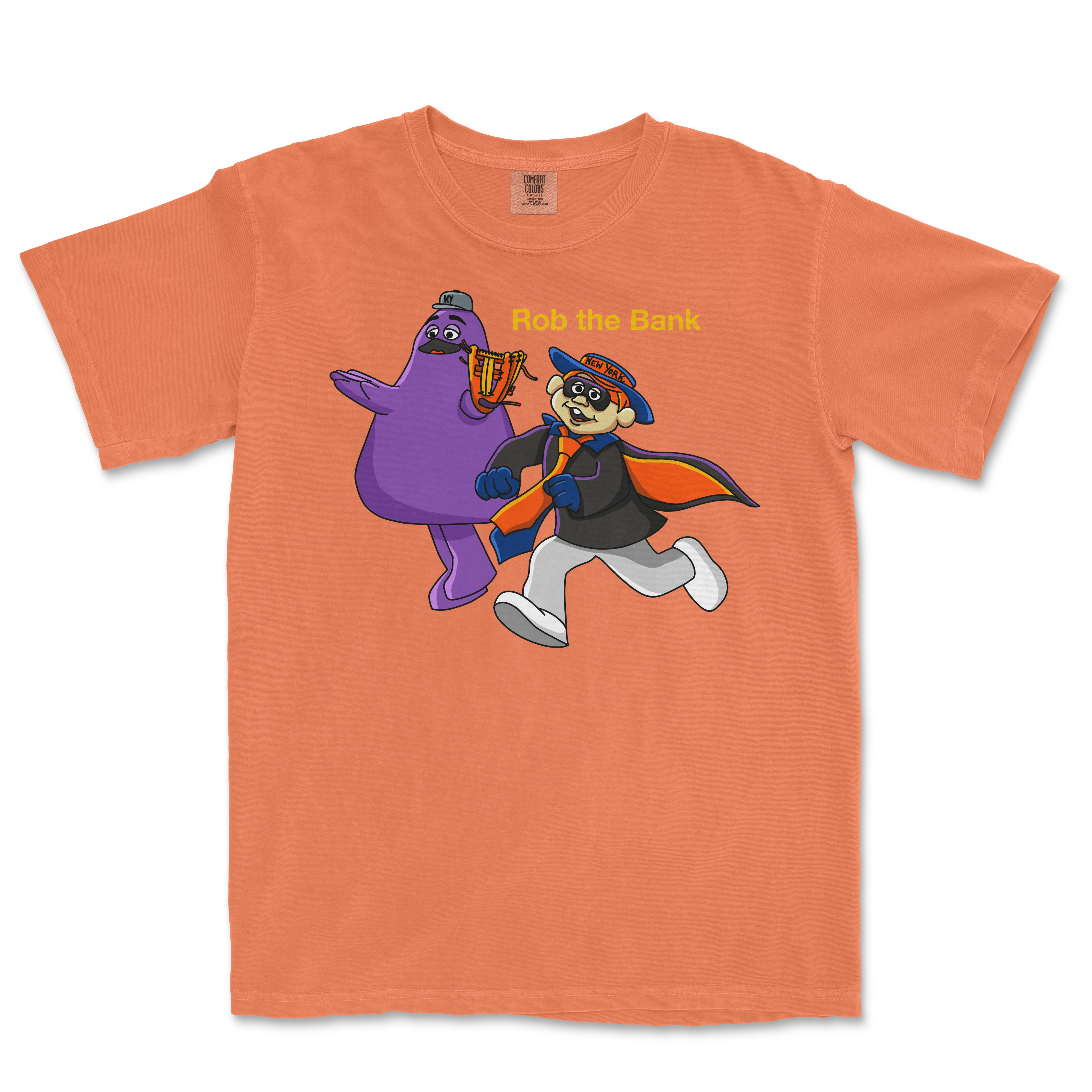 Orange T-shirt featuring cartoon characters, a purple creature and a raccoon dressed as a thief, with "Rob the Bank" text above.