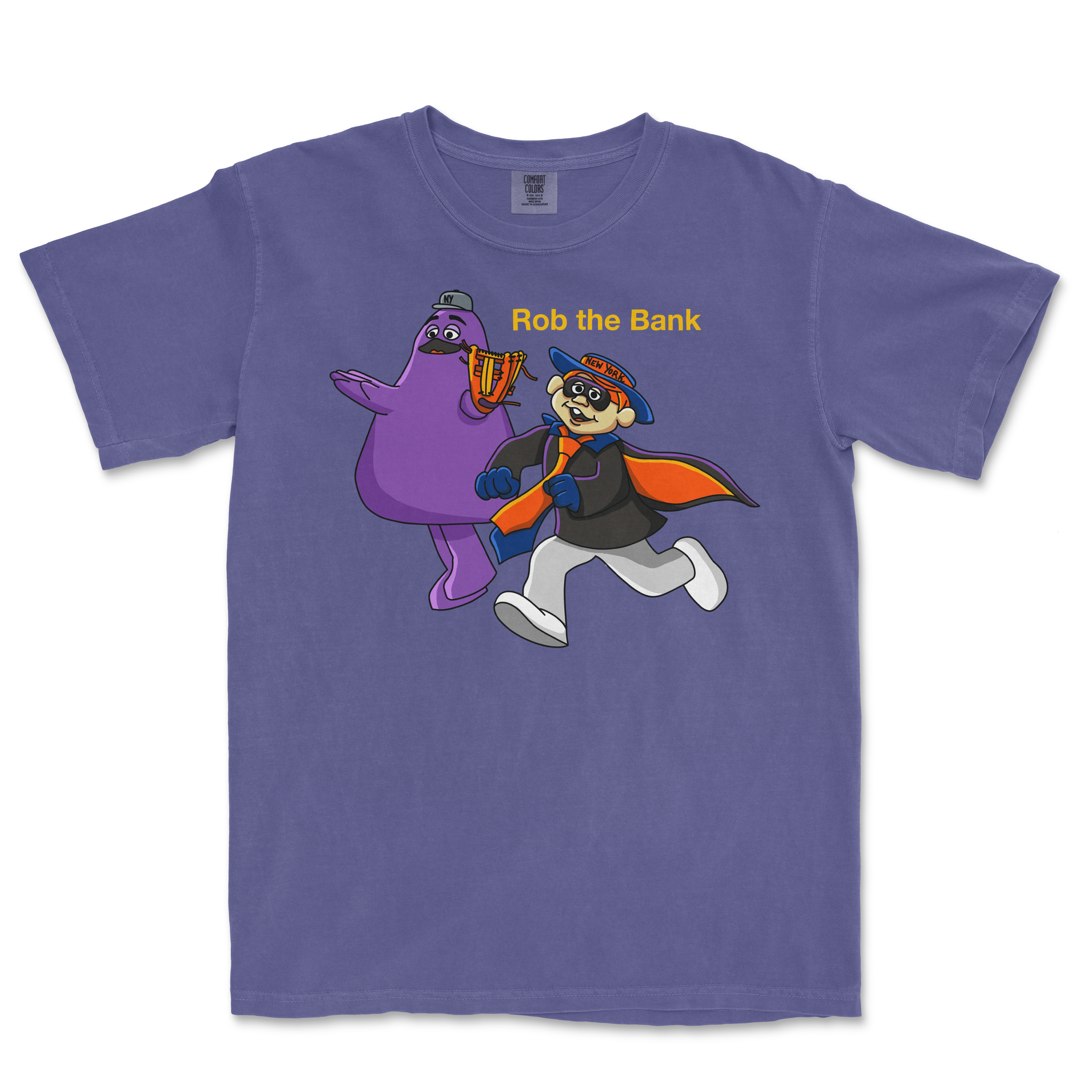 A purple T-shirt featuring cartoon characters dressed as a bank robber and a police officer, with the text "Rob the Bank" above them.