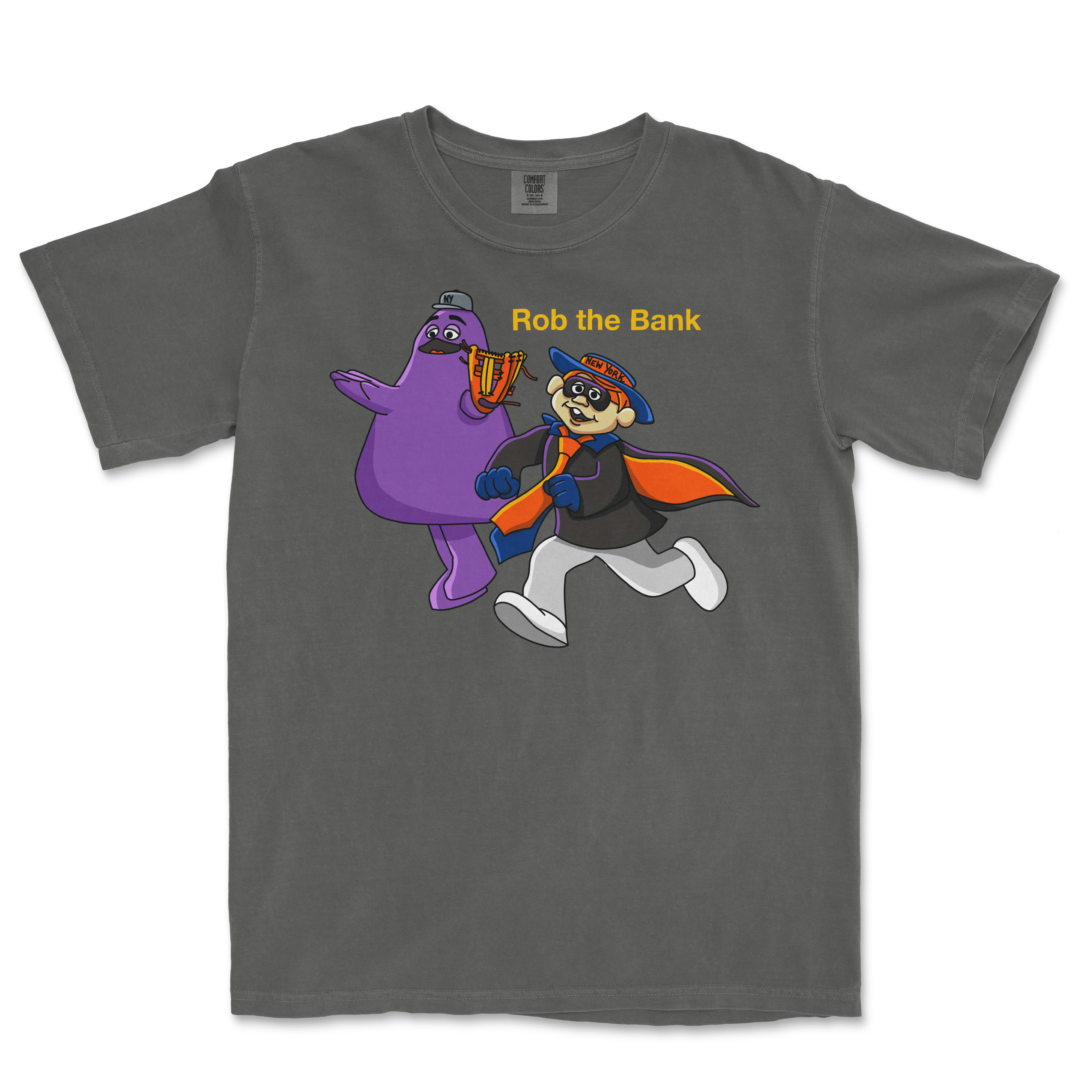 A gray T-shirt featuring cartoon characters dressed as a bank robber and a thief, with the text "Rob the Bank" above them.