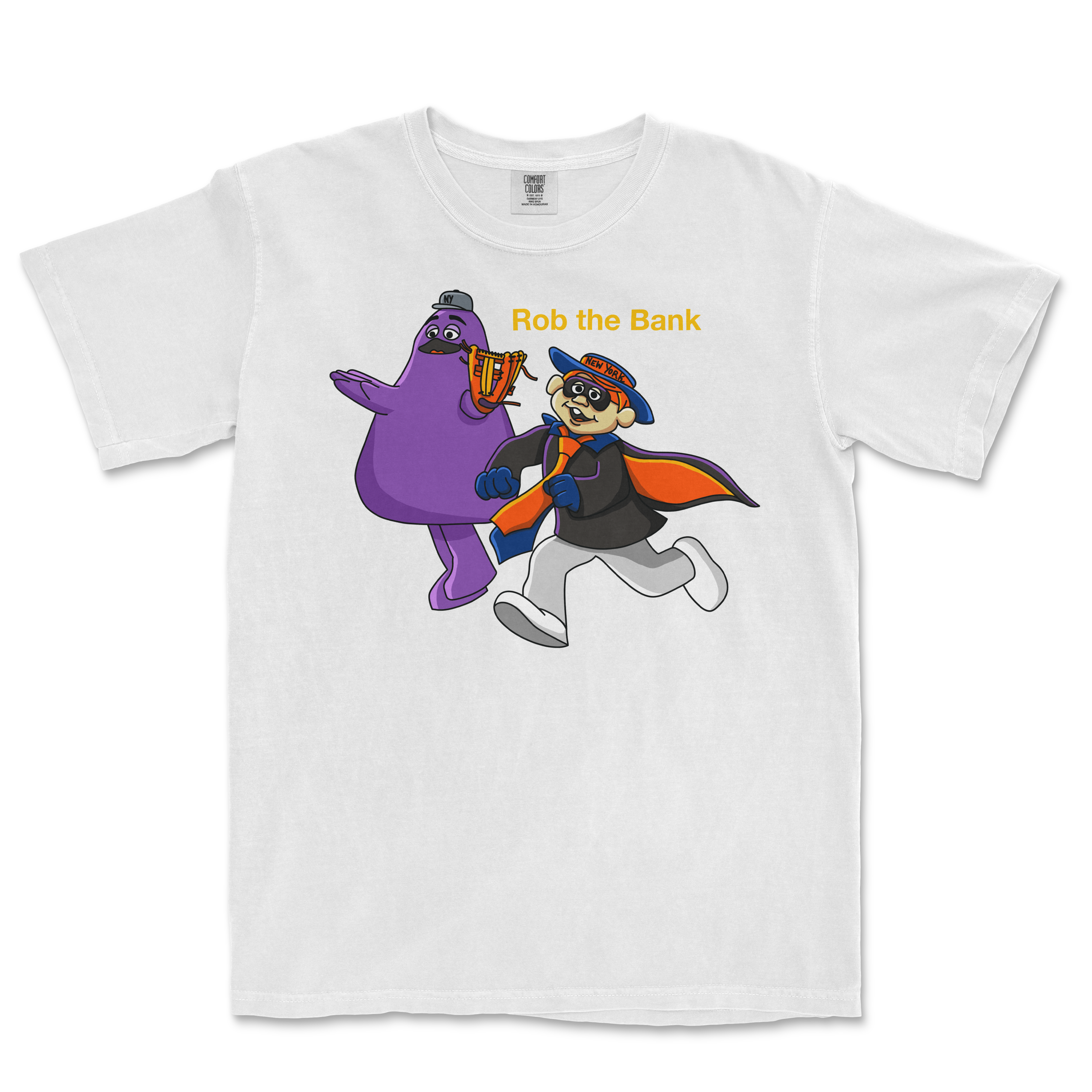 White T-shirt featuring cartoon characters dressed as a bank robber and a police officer, with the text "Rob the Bank" above them.