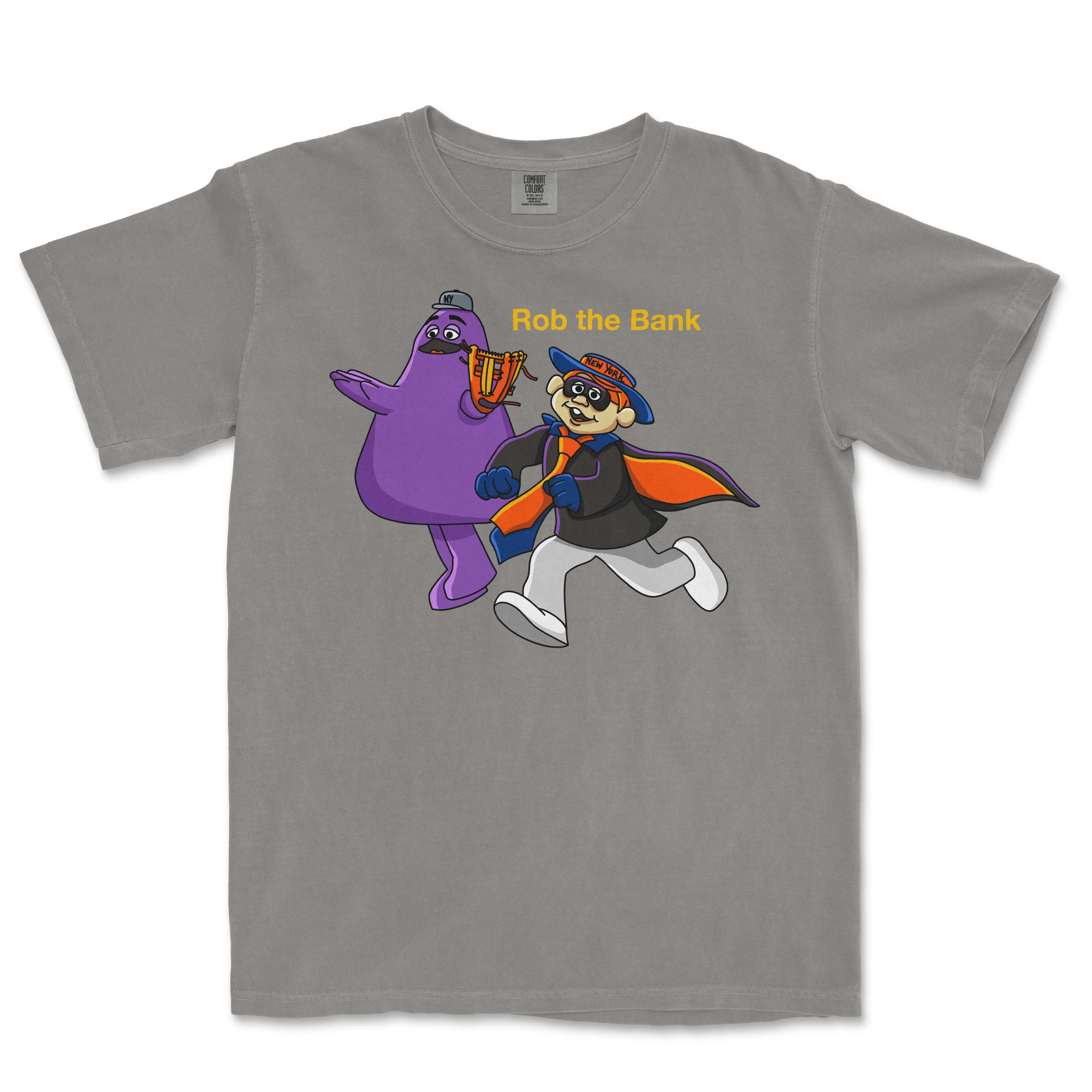Gray T-shirt featuring cartoon characters dressed as a bank robber and a thief, with the text "Rob the Bank" above them.