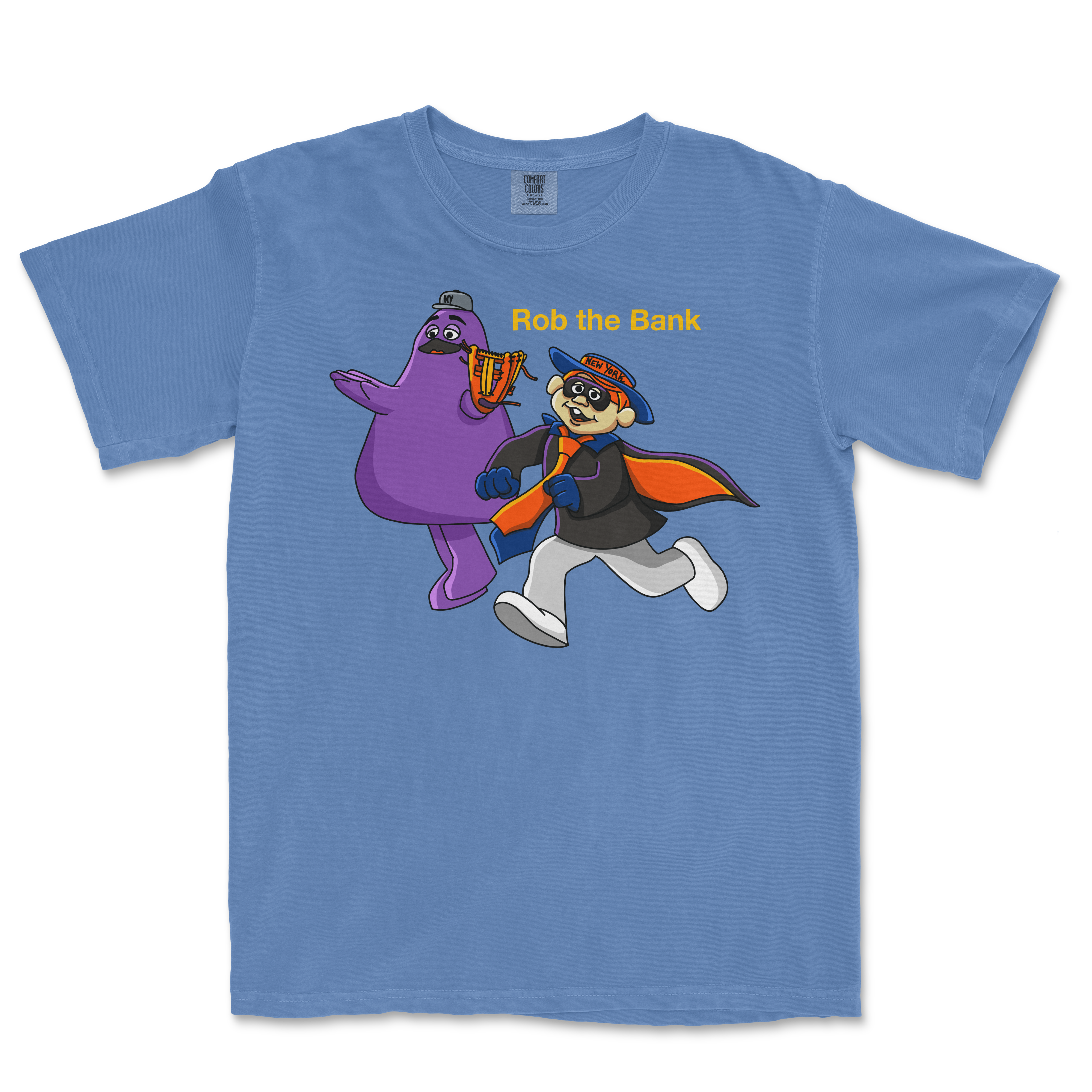 Blue T-shirt featuring cartoon characters dressed as a bank robber and a thief, with the text "Rob the Bank" above them.