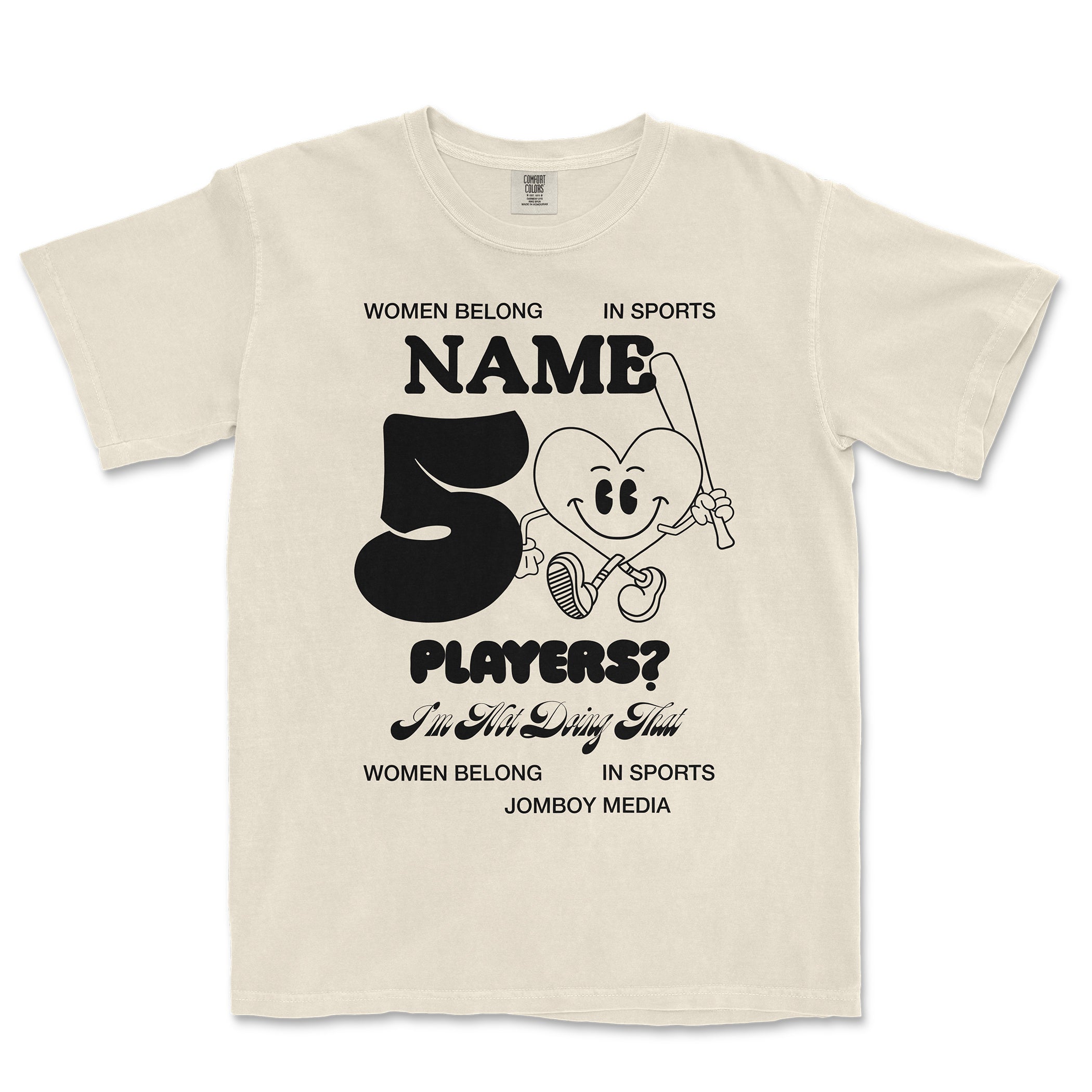Beige Comfort Colors T-shirt with black text and a cartoon heart character holding a fishing rod, featuring humorous sports-related phrases.