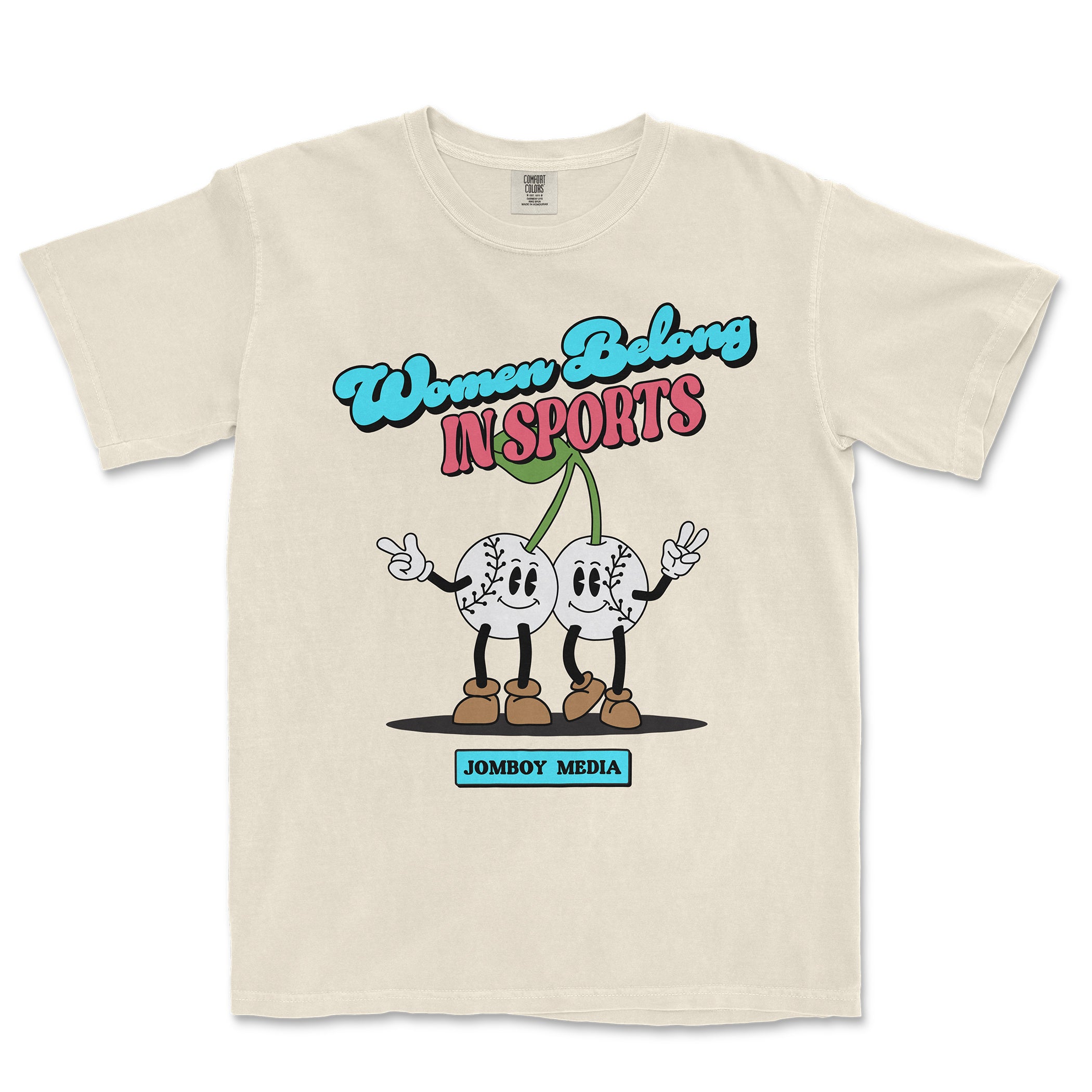 Beige T-shirt with cartoon baseball characters, colorful text "Women Belong in Sports," and "JomboY Media" label.