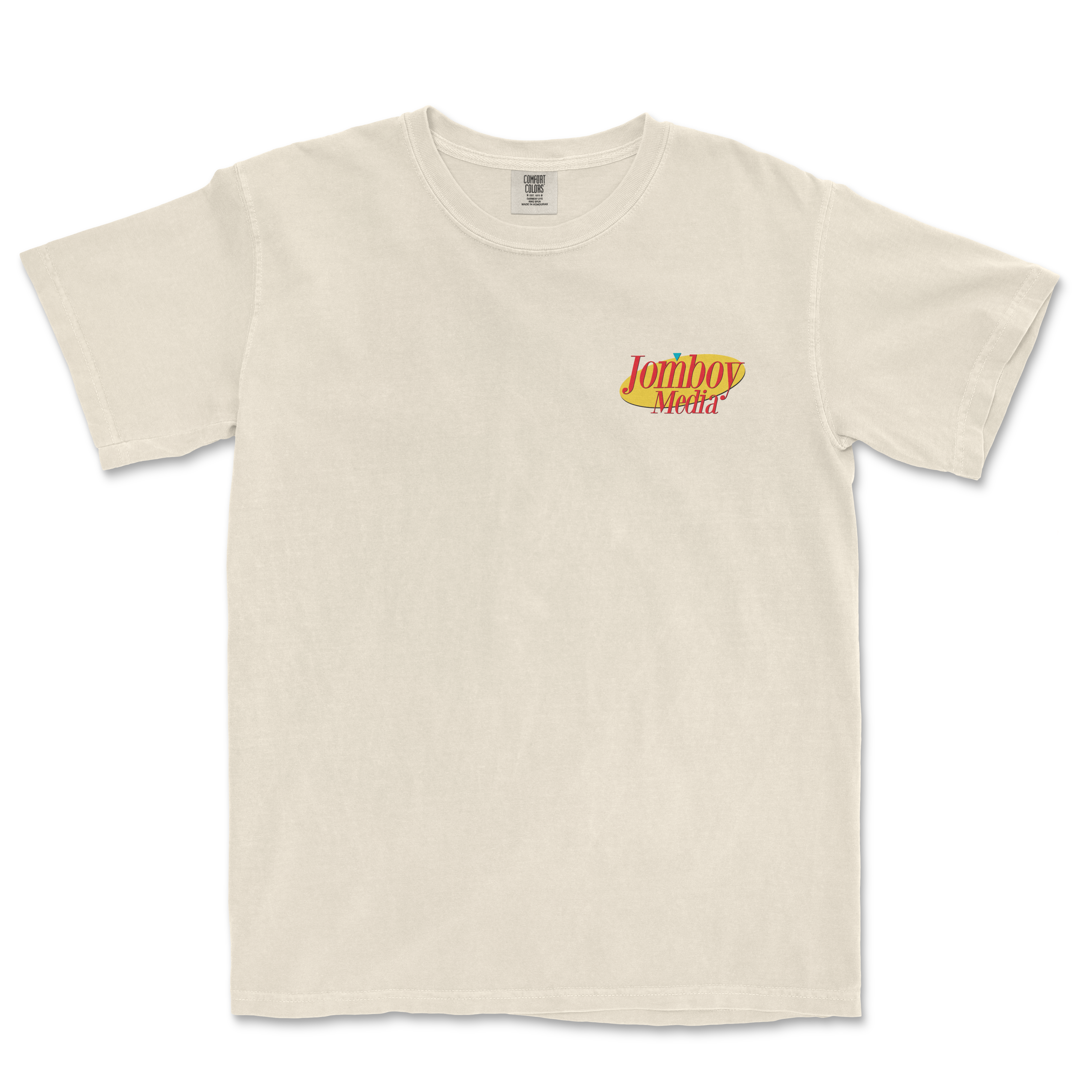 Cream-colored T-shirt with a small "Jomboy Media" logo in red, yellow, and blue on the upper left chest area.