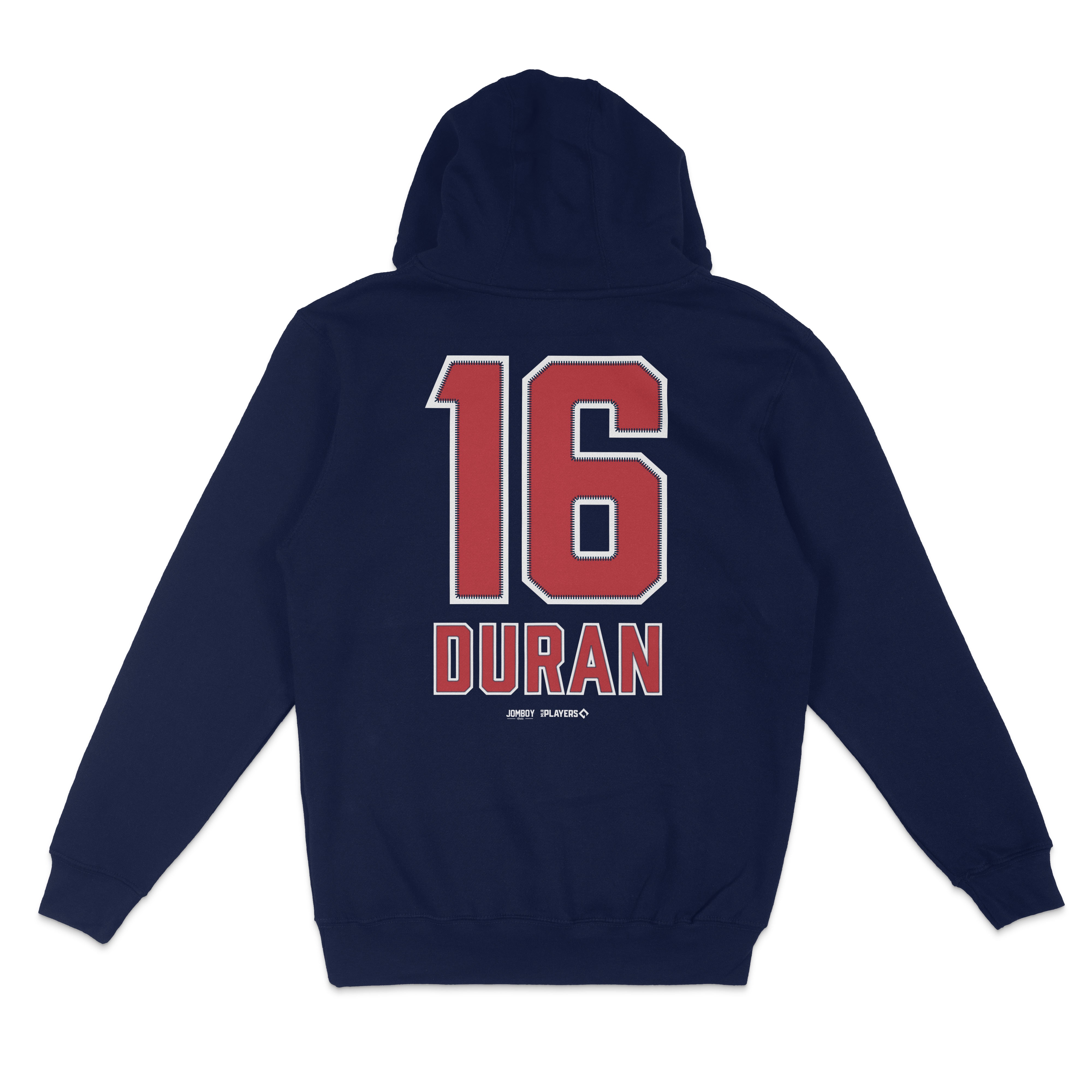 Navy blue pullover fleece hoodie featuring a large red and white "16" and "DURAN" on the back, with small brand logos below.