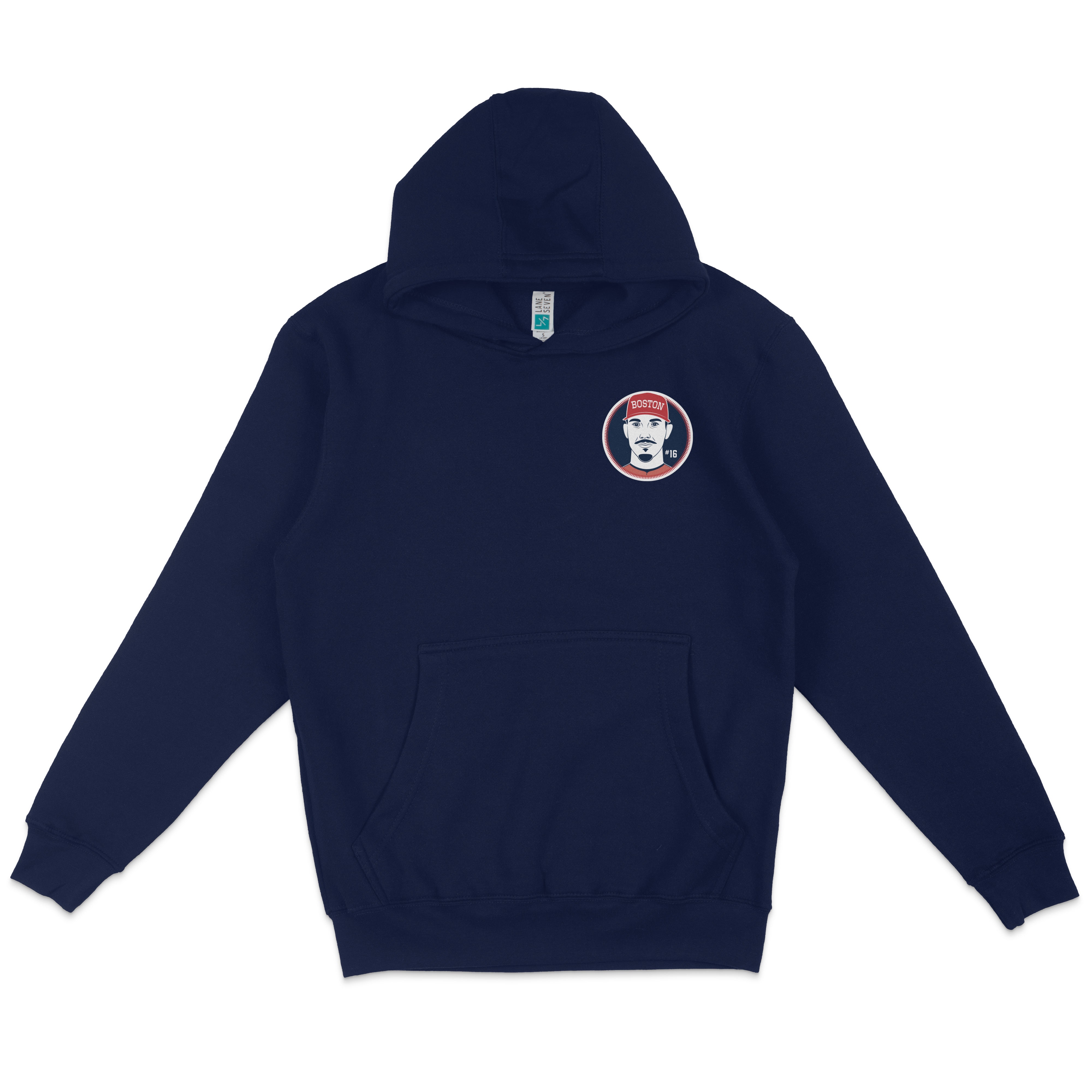 Navy blue pullover fleece hoodie with a Boston-themed patch featuring a face and cap on the chest.
