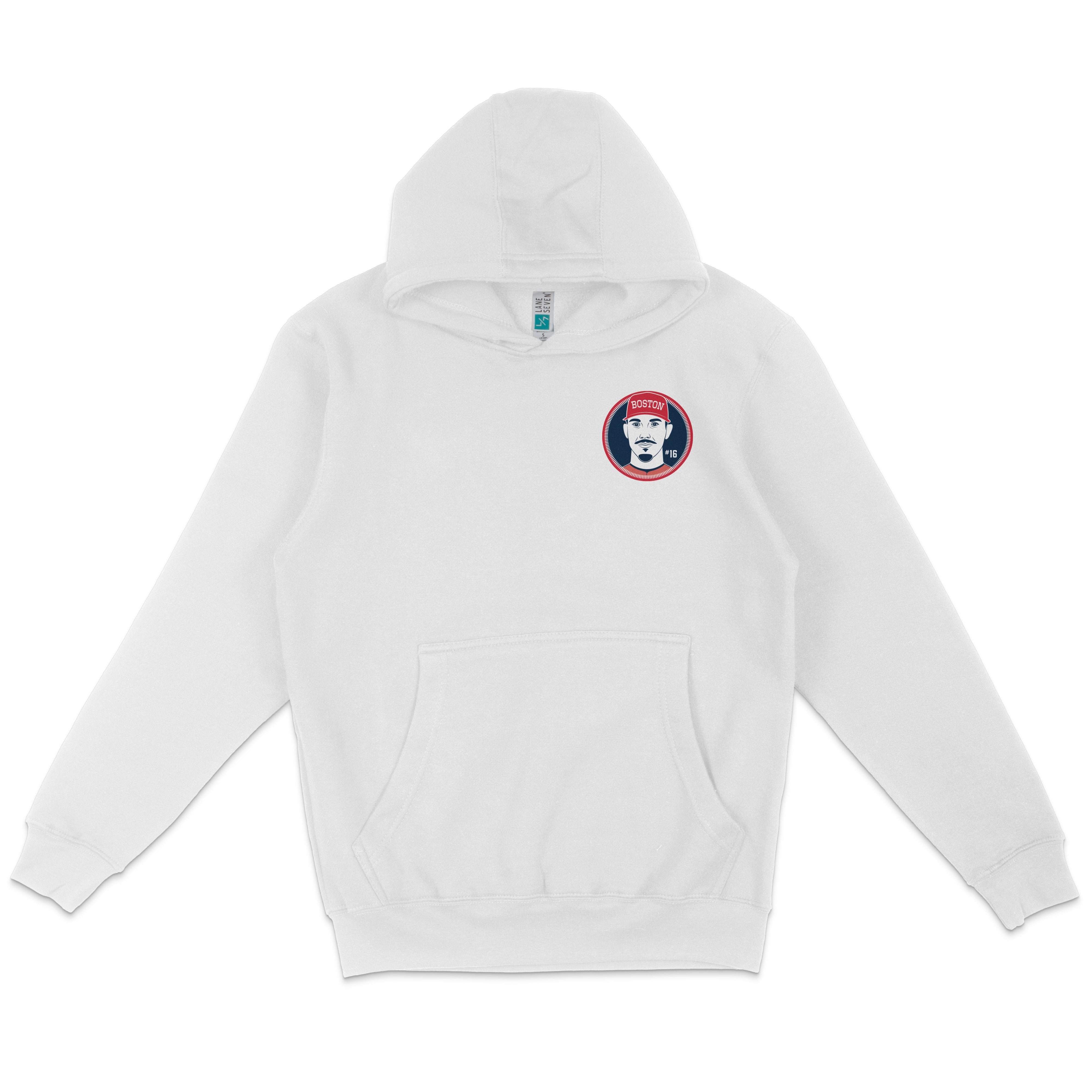 White pullover fleece hoodie featuring a Boston-themed circular patch with a stylized face and "Boston" text on the chest.