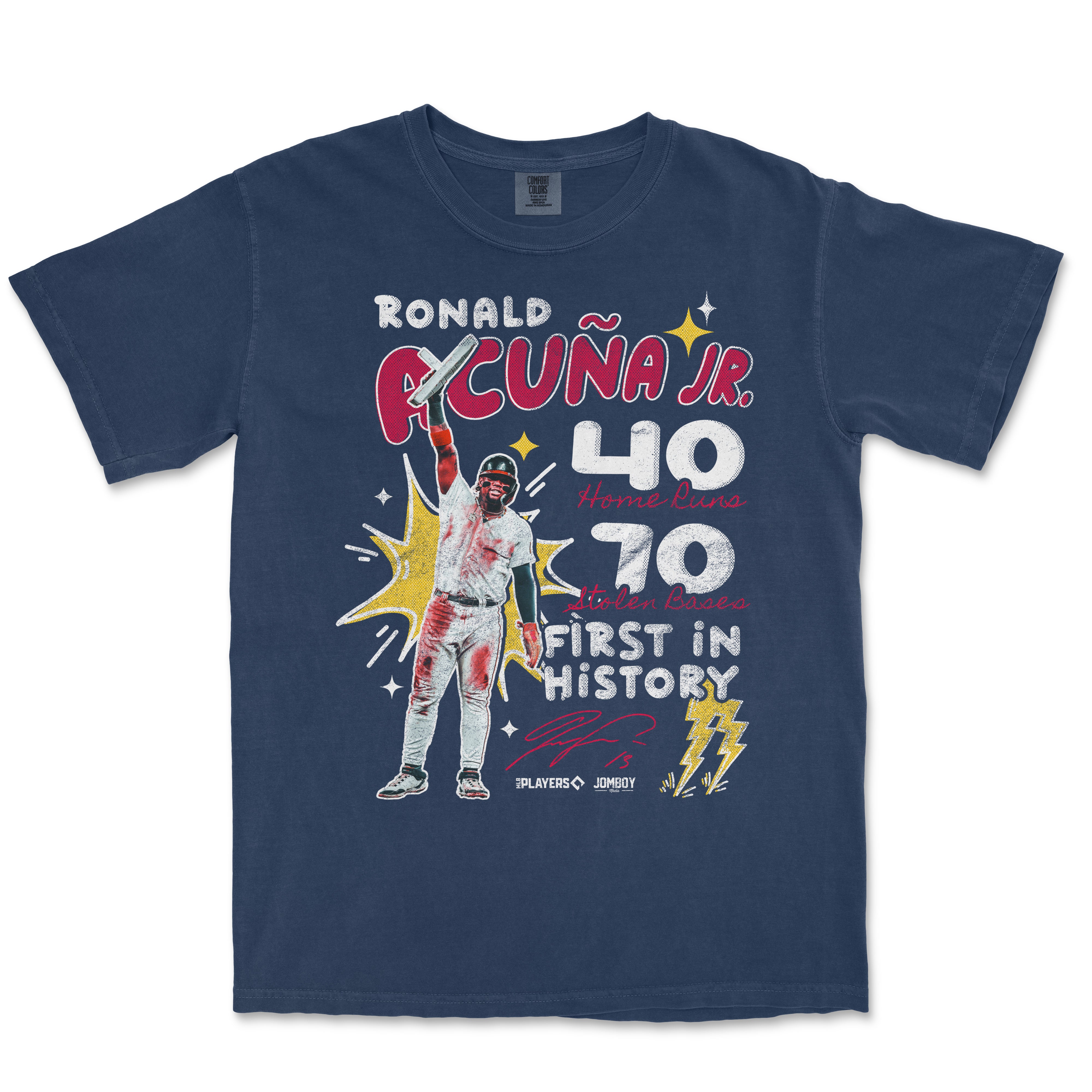 Comfort Colors navy T-shirt featuring a graphic of Ronald Acuña Jr. celebrating with text highlighting his 40 home runs, 70 stolen bases, and historic first in baseball.