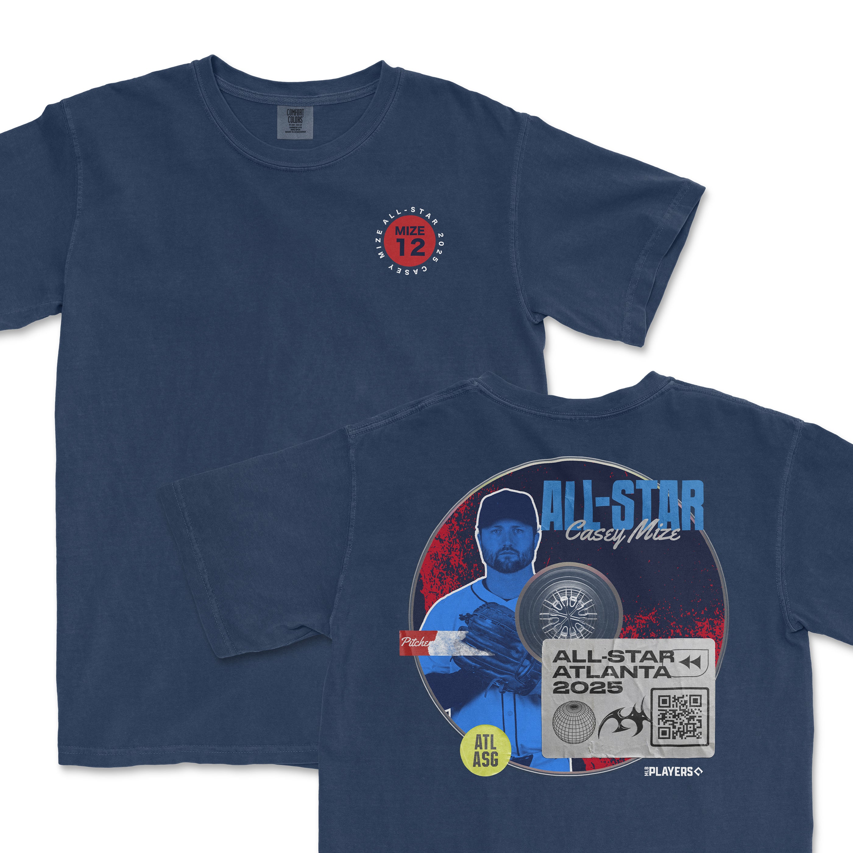 Navy t-shirt featuring Casey Mize's All-Star 2025 graphic with his name, number, and event details on the back.