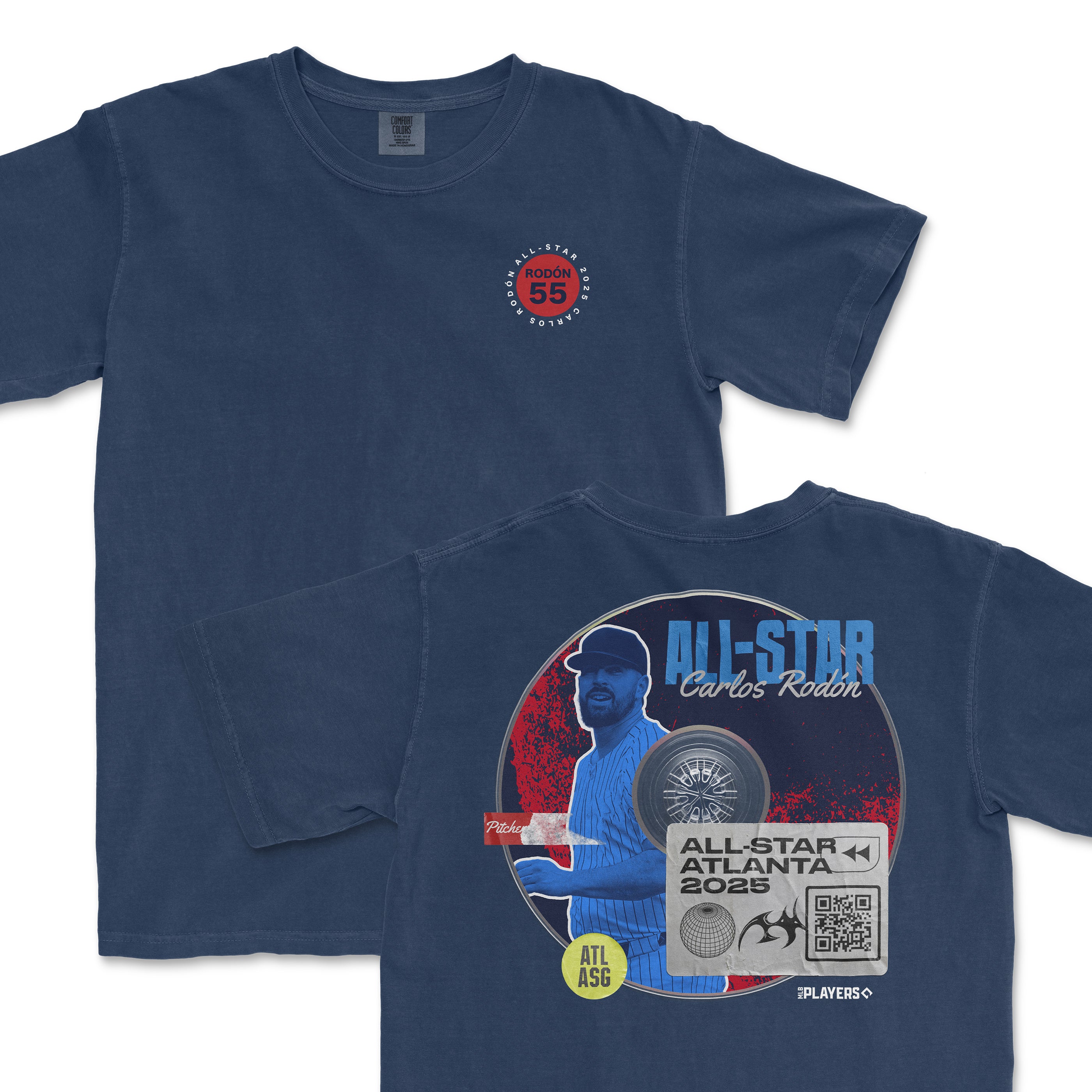 Navy t-shirt featuring Carlos Rodon graphic with "All-Star 2025" and Atlanta logo on the back, perfect for baseball fans.