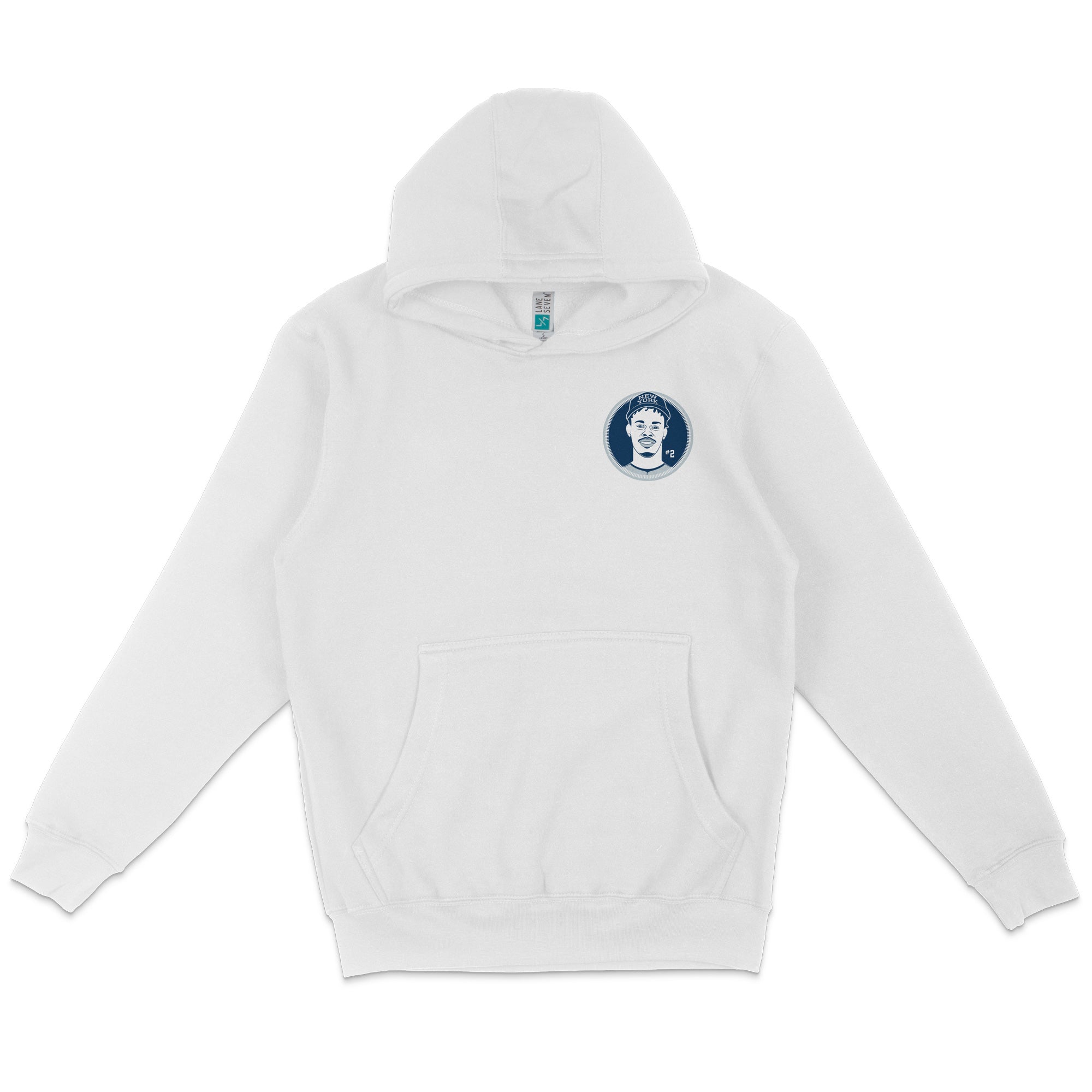 White pullover fleece hoodie featuring a graphic of Jazz Chisholm Jr. on the chest with a blue circular emblem and number 2.