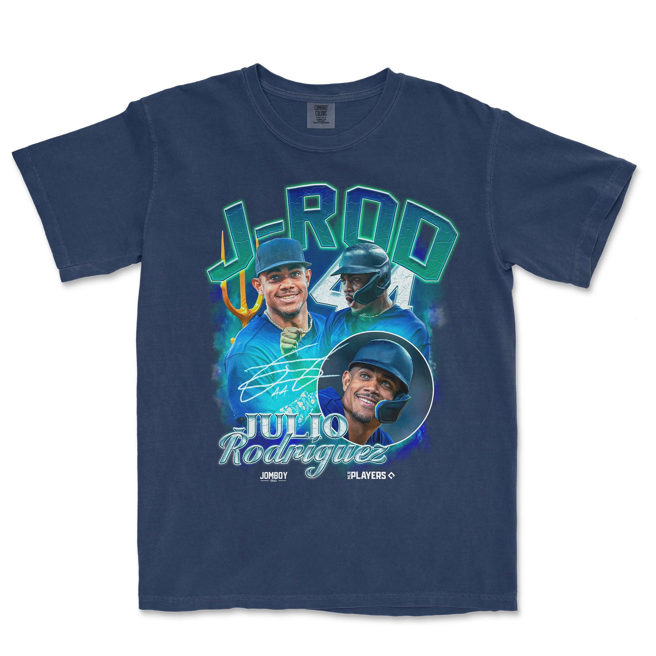 Comfort Colors tee featuring J-Rod Rodriguez's Seattle edition design with images of him in baseball gear and vibrant graphics.