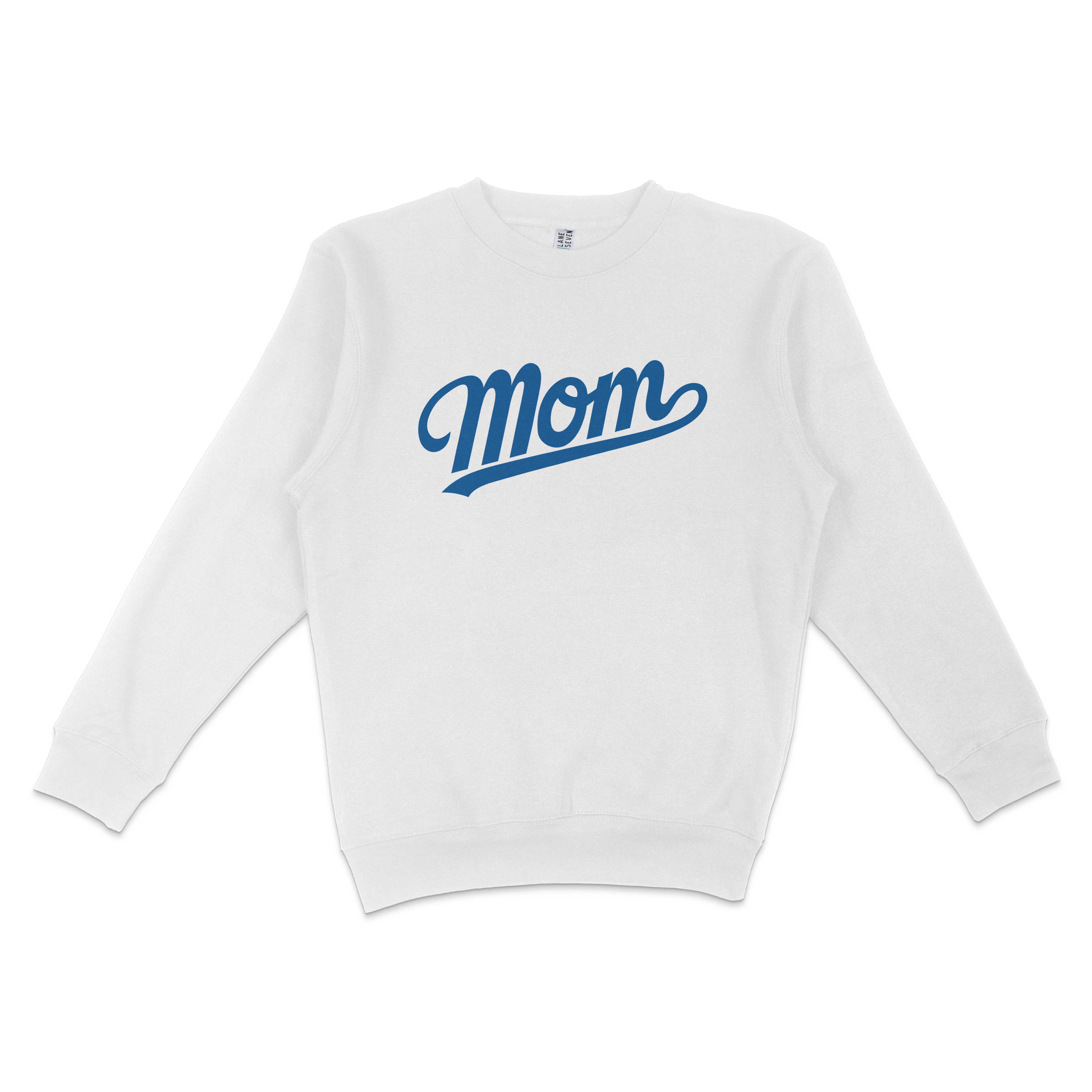 White crewneck sweatshirt with "Mom" written in bold blue cursive font across the front, perfect for LA baseball moms.