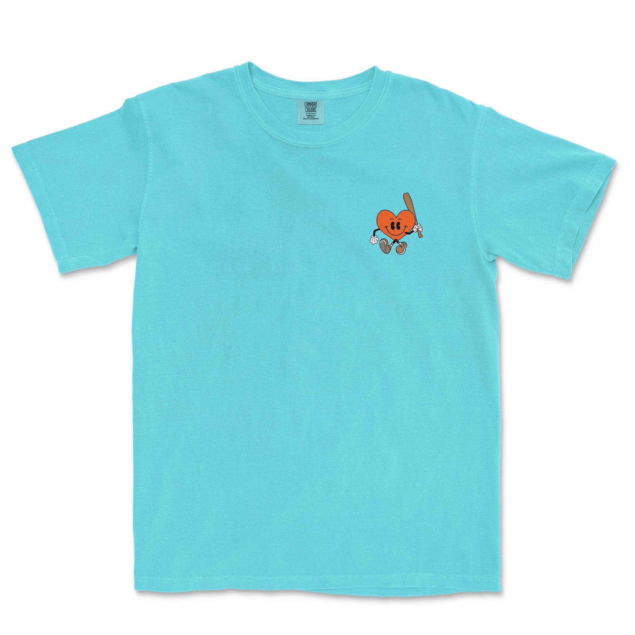 Comfort Colors teal tee featuring a cute heart character holding a baseball bat, with a playful, sporty design.