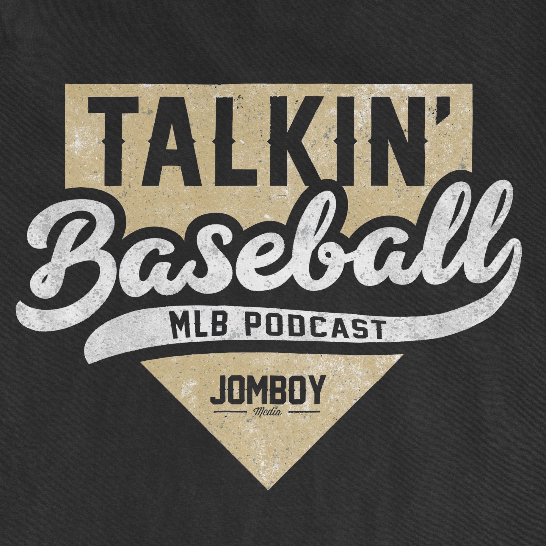 Graphic design featuring the text "Talkin' Baseball," "MLB Podcast," and "Jomboy Media" on a black background.