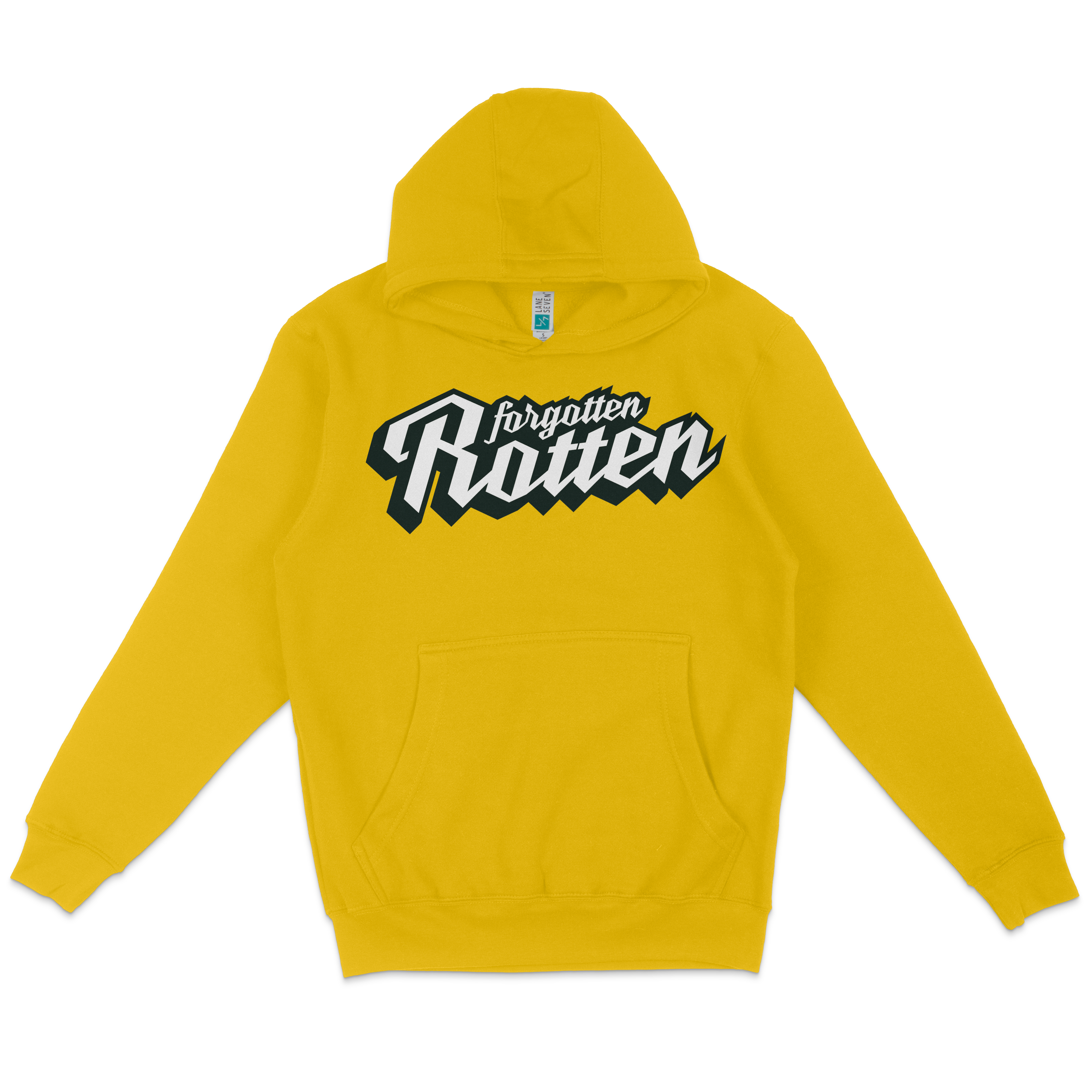Yellow pullover hoodie featuring a bold "Forgotten Rotten" logo in black and white across the chest.