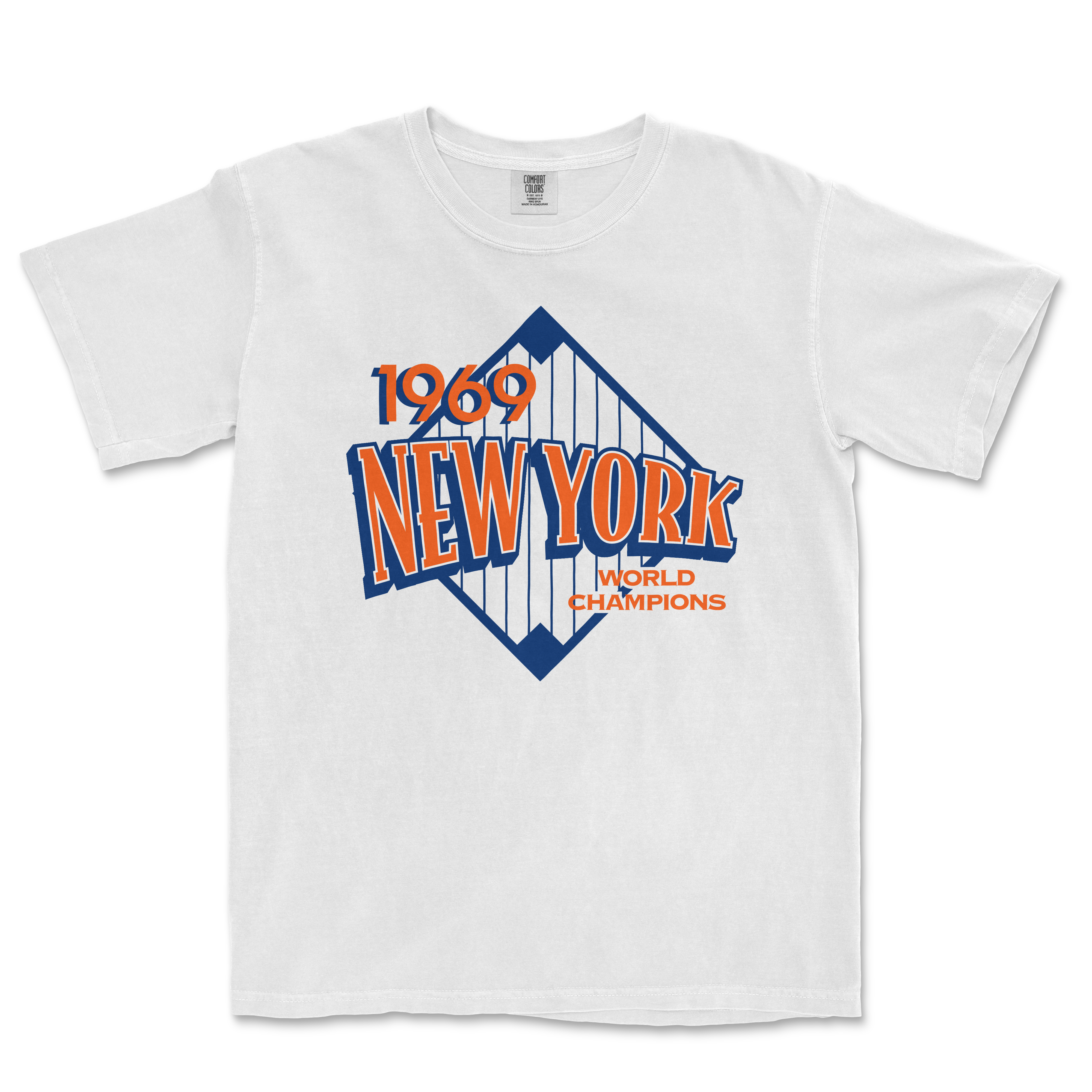 White Comfort Colors T-shirt featuring a vintage NYM City design with "1969 New York World Champions" and a bridge graphic.