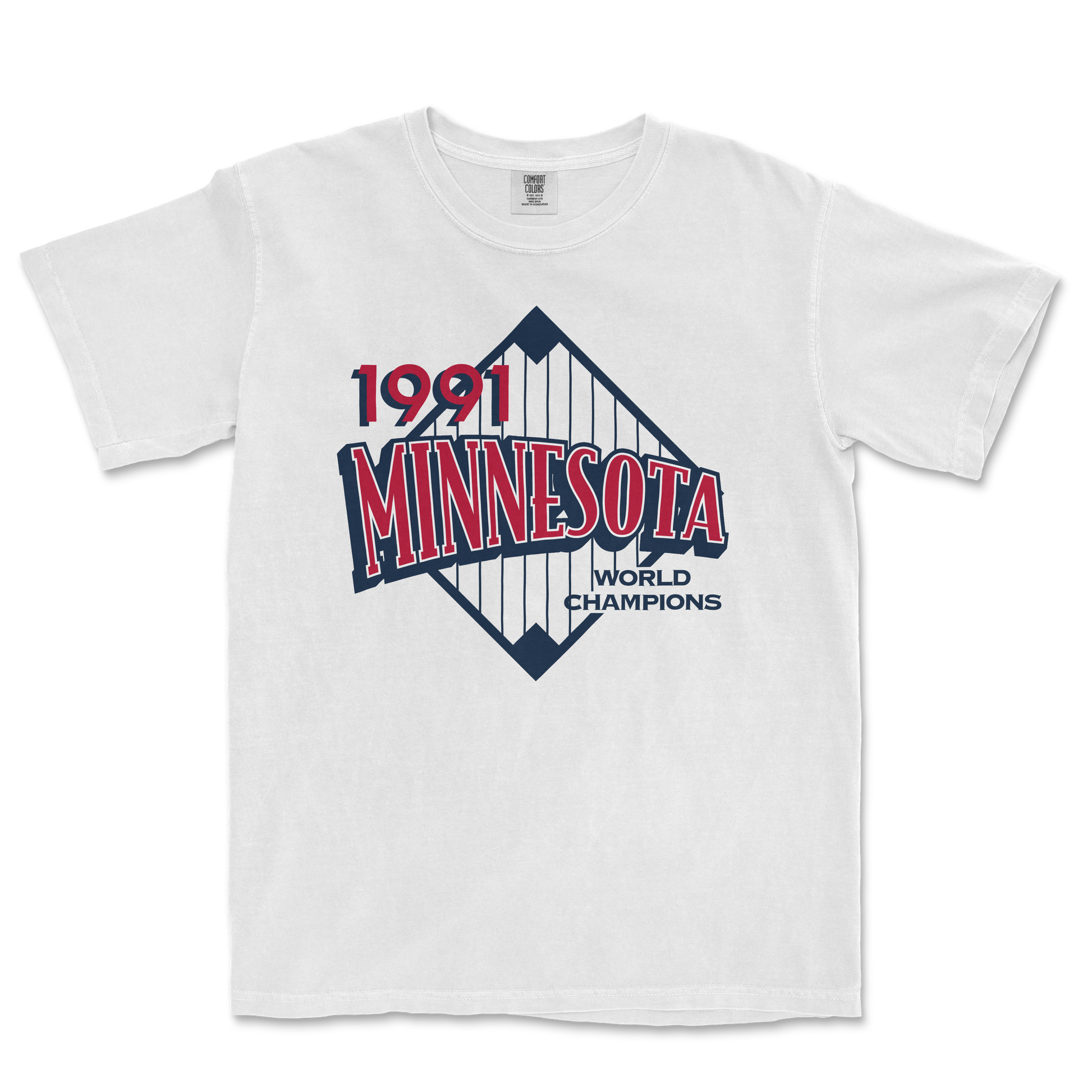 White Comfort Colors T-shirt featuring a vintage Minnesota 1991 World Champions graphic with a baseball diamond design.