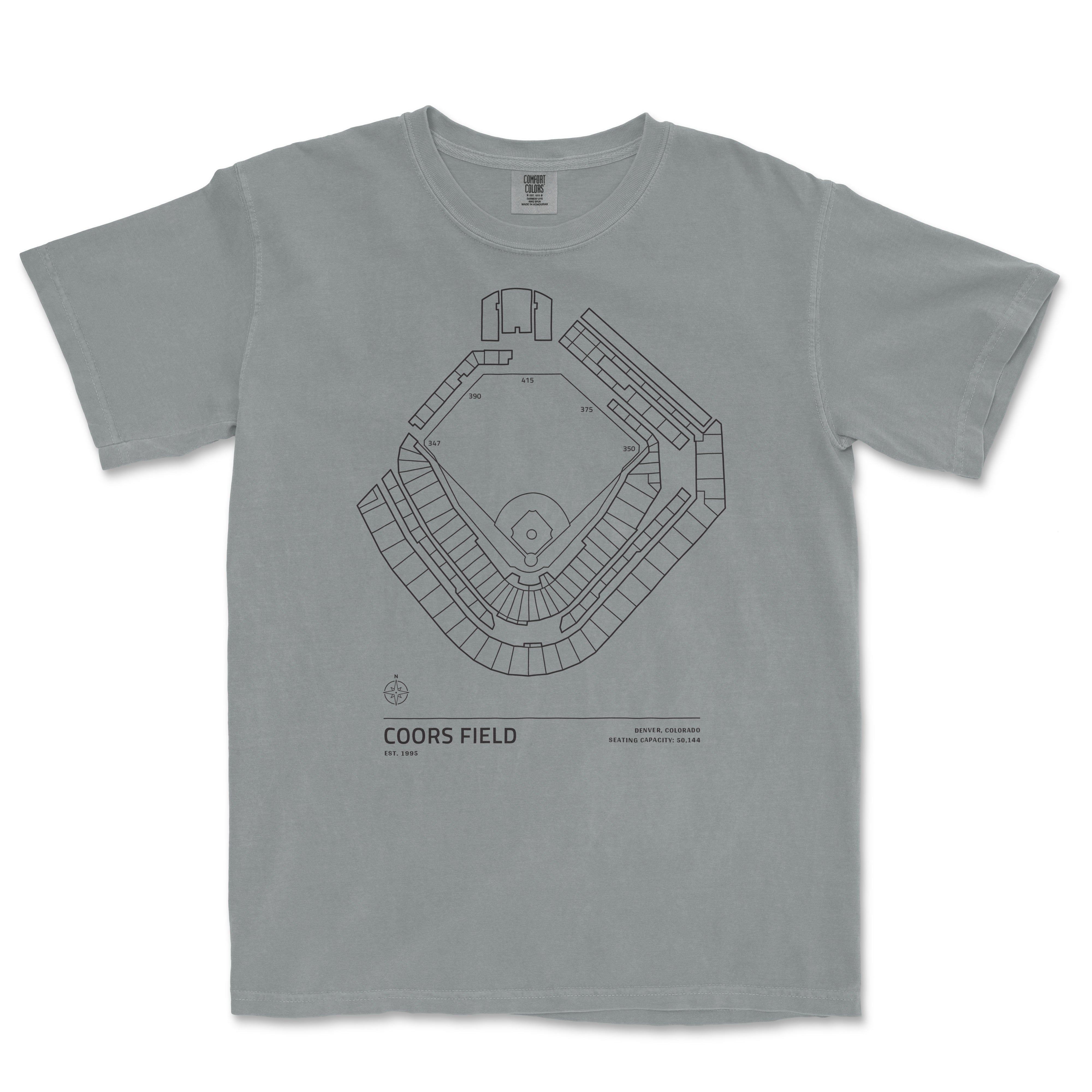 Gray Comfort Colors tee featuring a black line drawing of Coors Field stadium seating chart and location details.