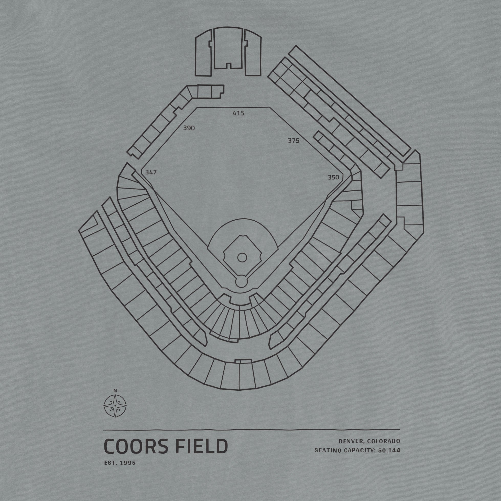 Comfort Colors tee featuring a line drawing of Coors Field stadium layout, including seating sections and capacity.