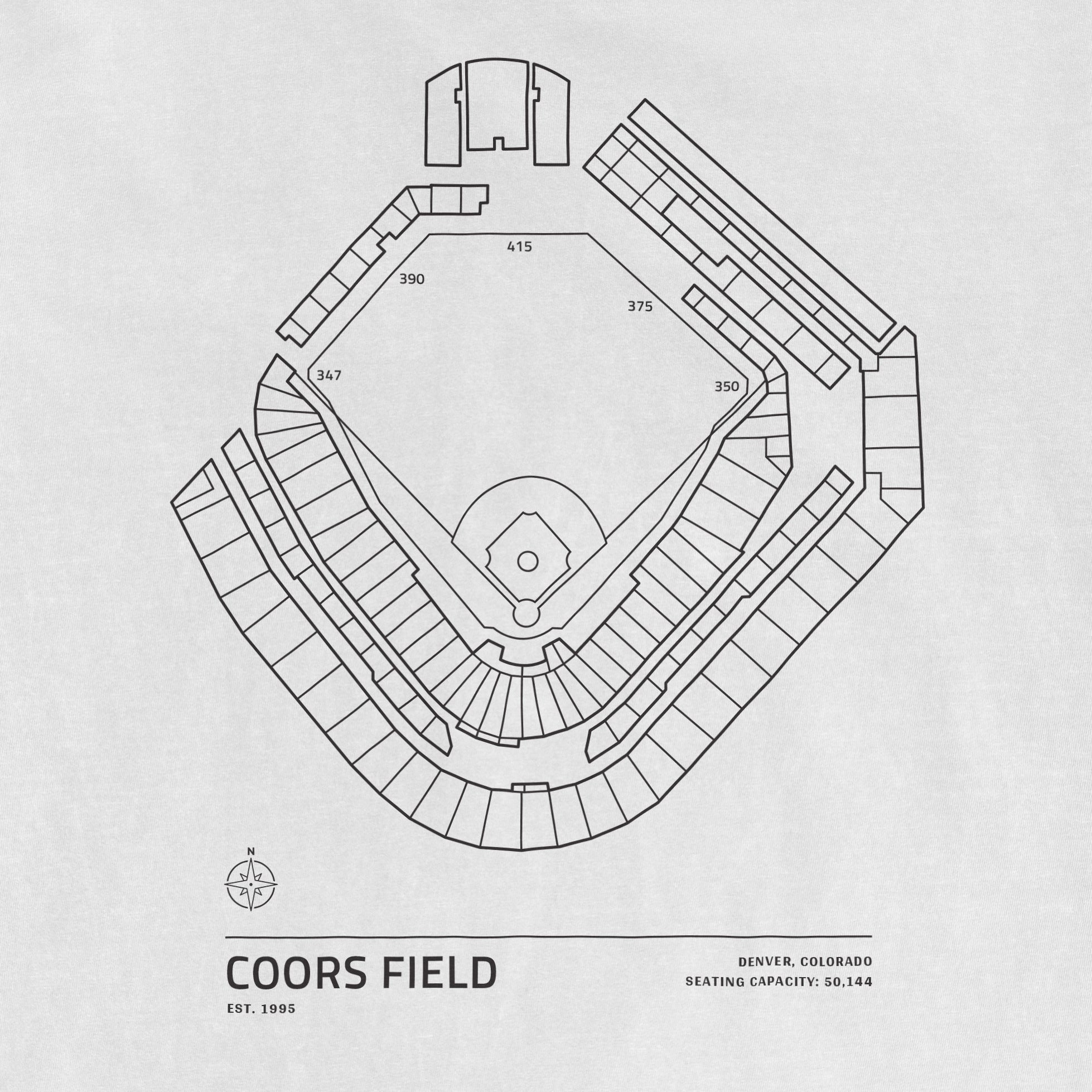 Line drawing of Coors Field stadium seating chart with labeled sections, capacity, and a compass, on a light background.