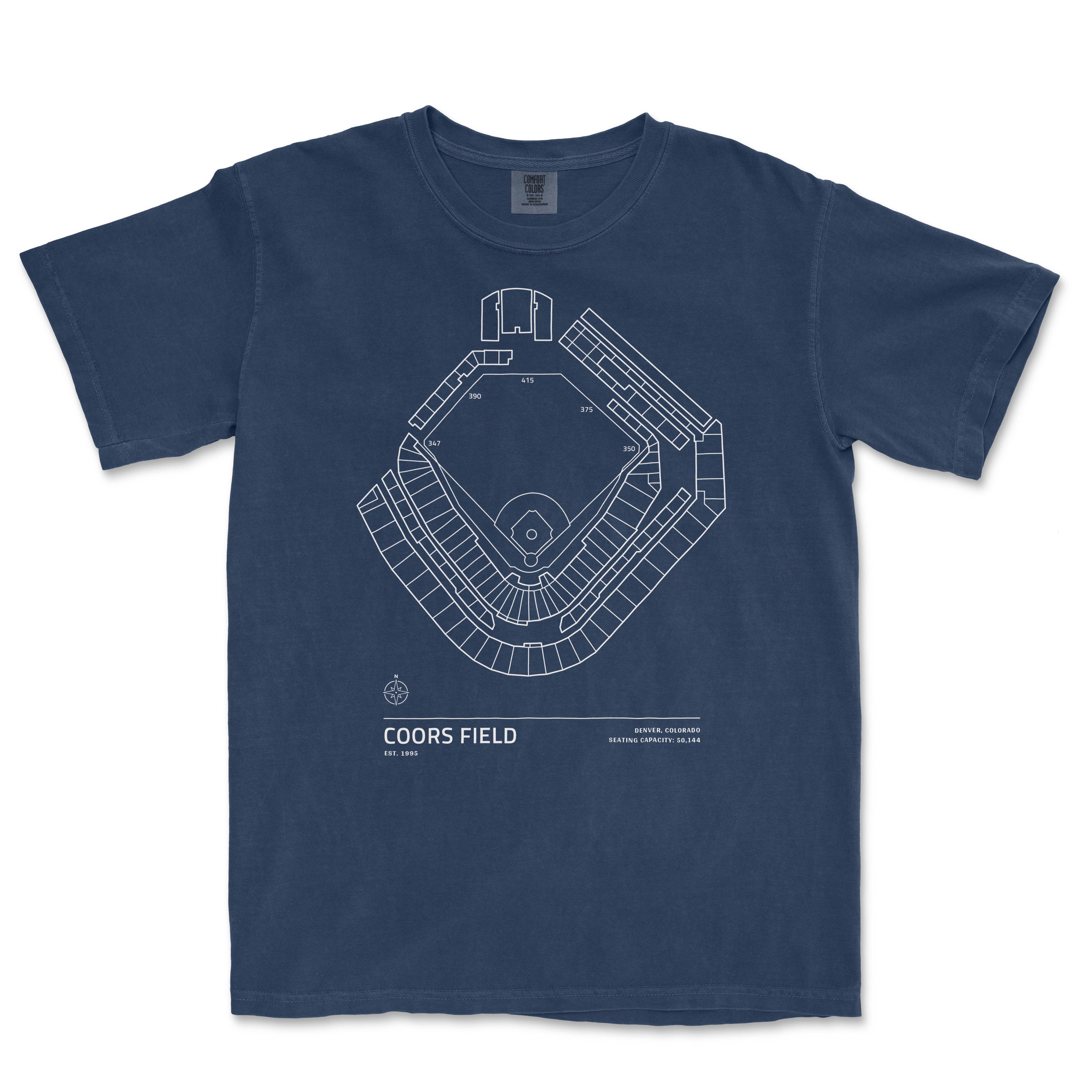 Comfort Colors tee featuring a white line drawing of Coors Field stadium seating chart, with "Coors Field" text and location details.