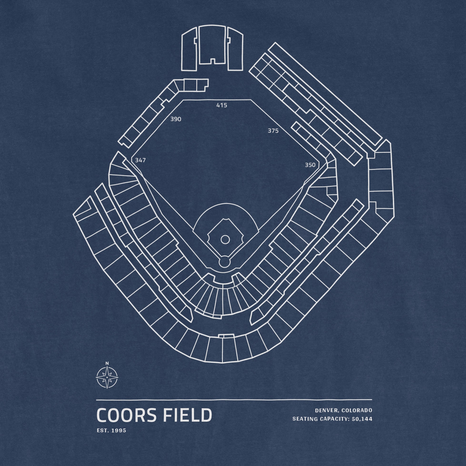 White line diagram of Coors Field baseball stadium on a blue Comfort Colors T-shirt, with seating capacity and location details.