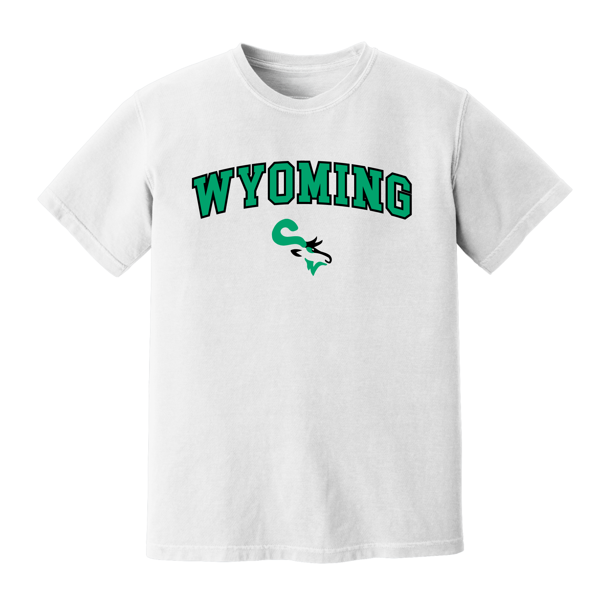 White vintage Comfort Colors® tee featuring "WYOMING" in bold green letters and a stylized Wyoming Cowboys logo in the center.