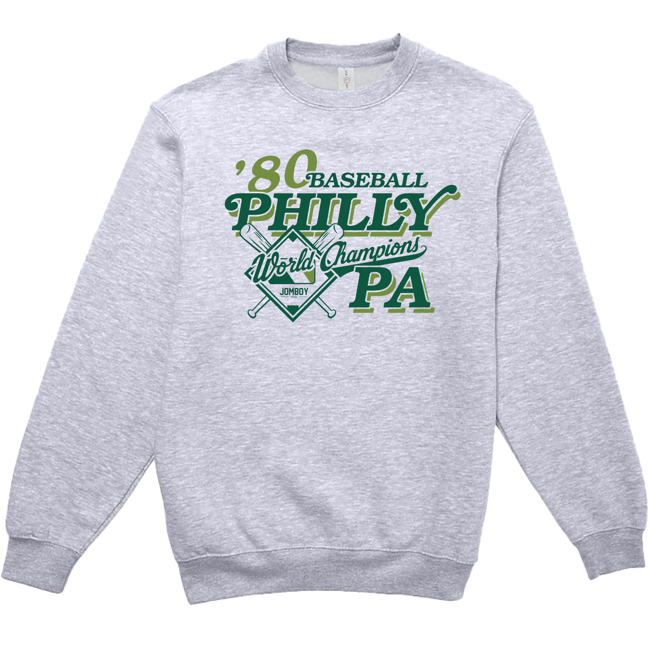 Gray crewneck sweatshirt featuring vintage-style green and white graphic text celebrating 1980 Philadelphia Phillies World Champions.