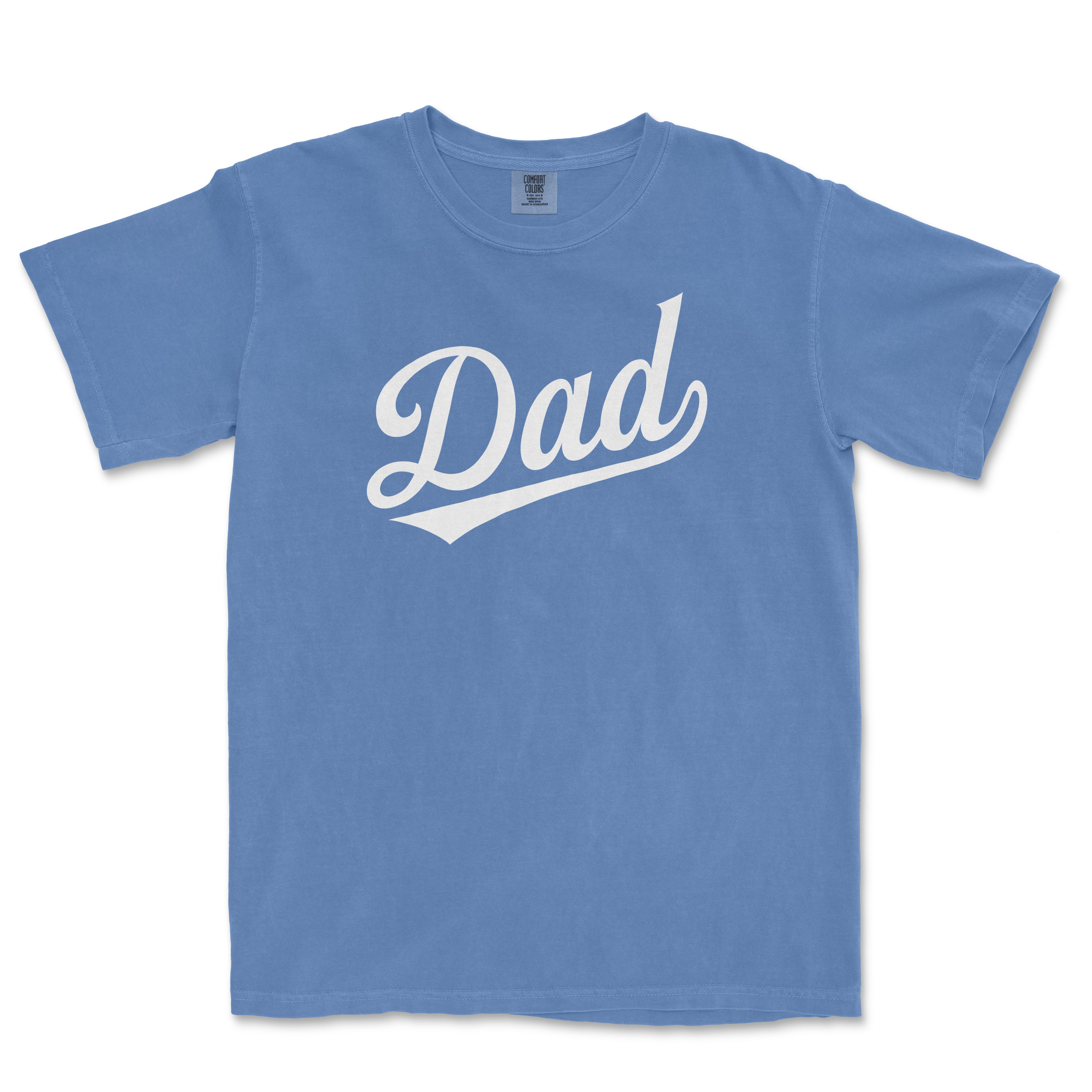 Blue Comfort Colors T-shirt with white "Dad" text in a cursive font, designed for baseball dads.