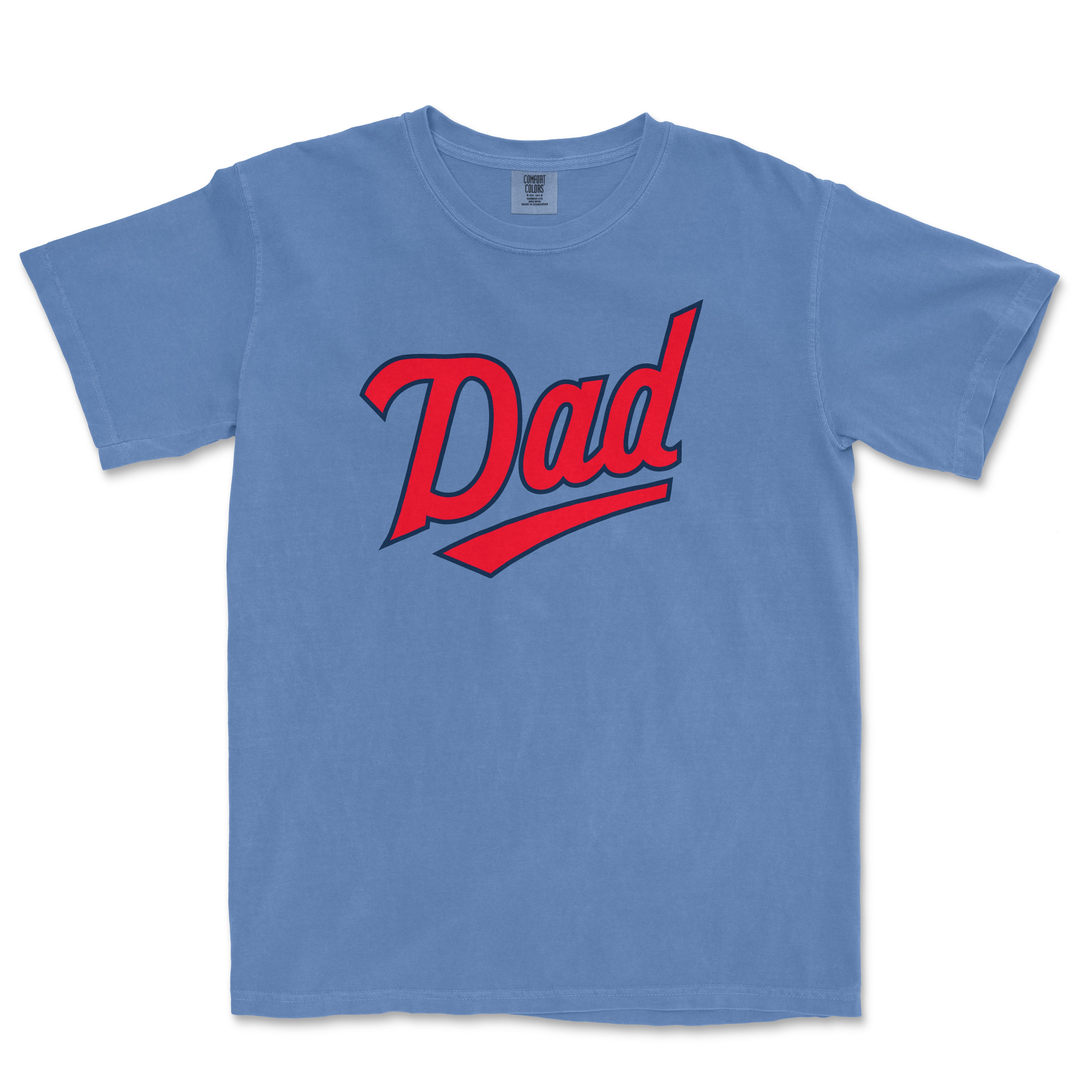 Comfort Colors blue T-shirt with red "Dad" text and underline, designed for Minnesota baseball dads.