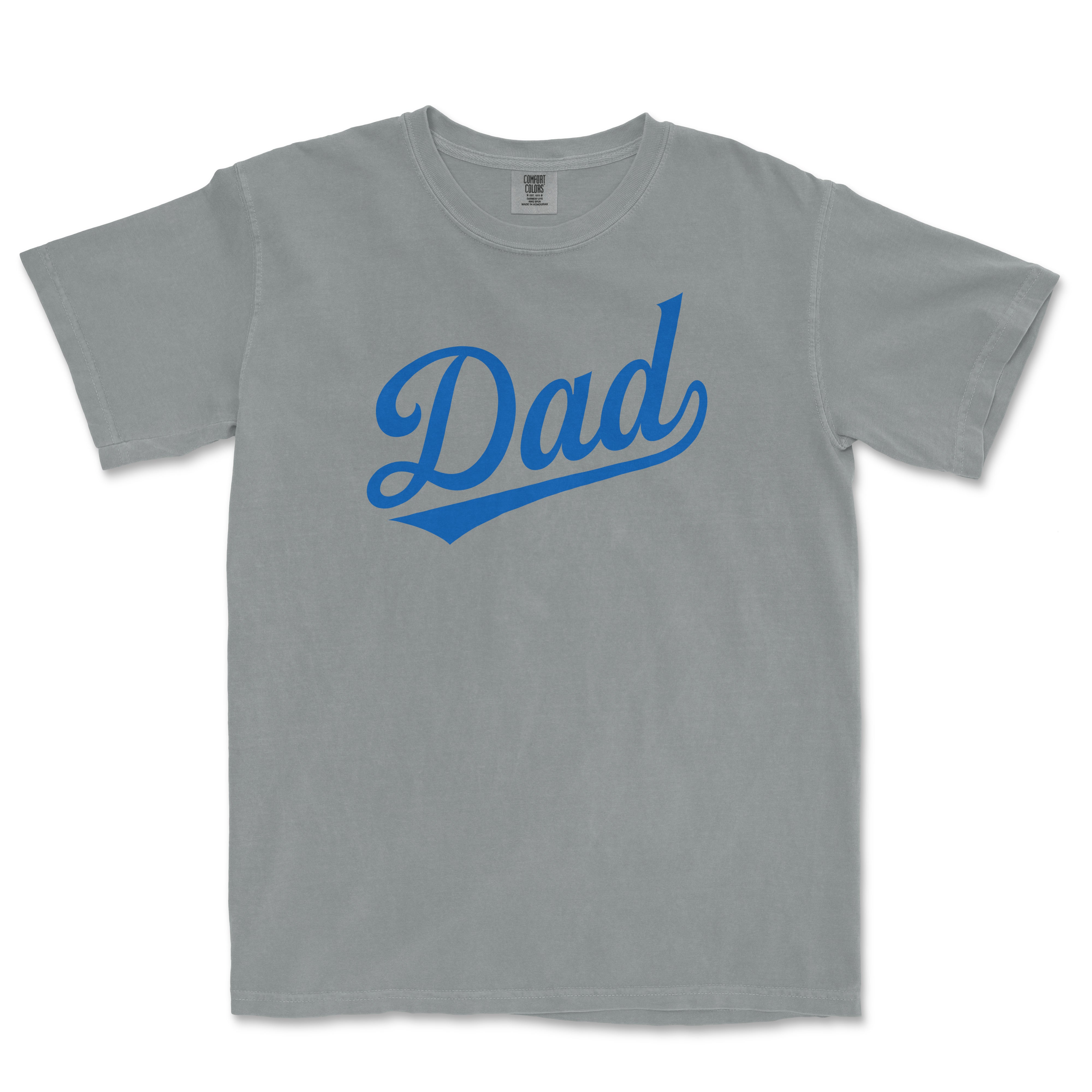 Gray Comfort Colors T-shirt with blue "Dad" script and underline design, perfect for baseball dad fans.