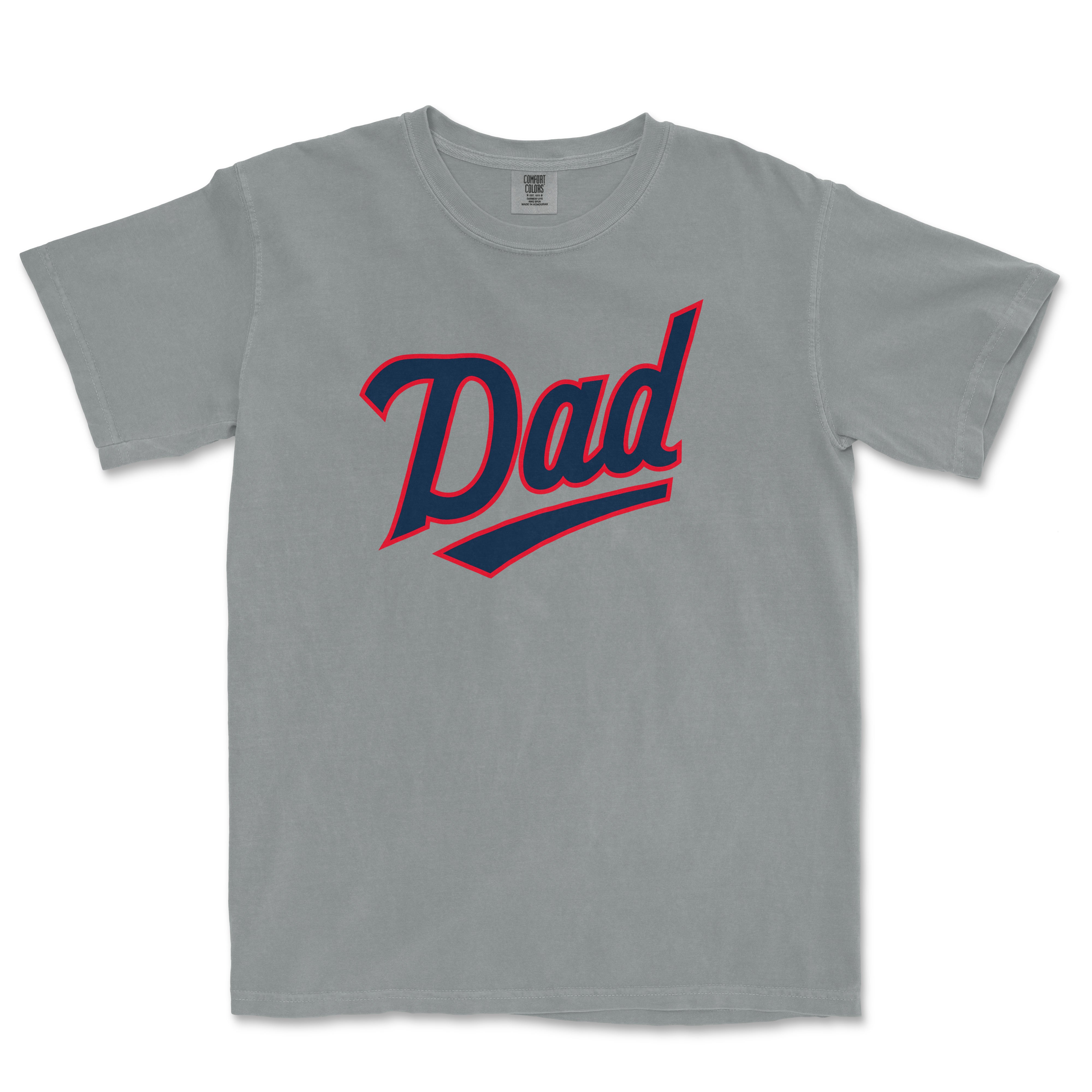 Gray Comfort Colors T-shirt with "Dad" in bold navy and red script, perfect for Minnesota baseball dads.