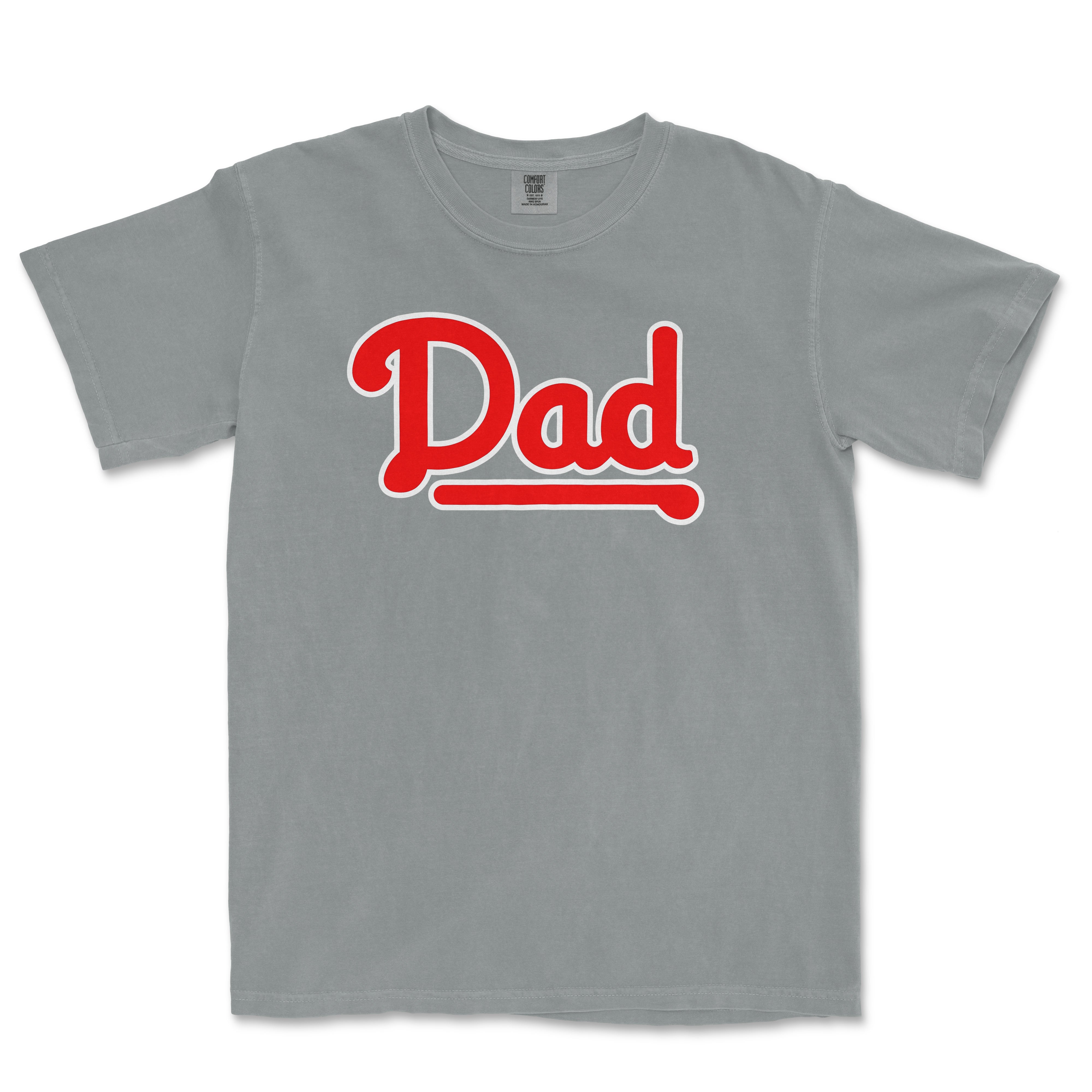 Gray T-shirt with bold red "Dad" text and underline, celebrating a Philadelphia baseball dad.