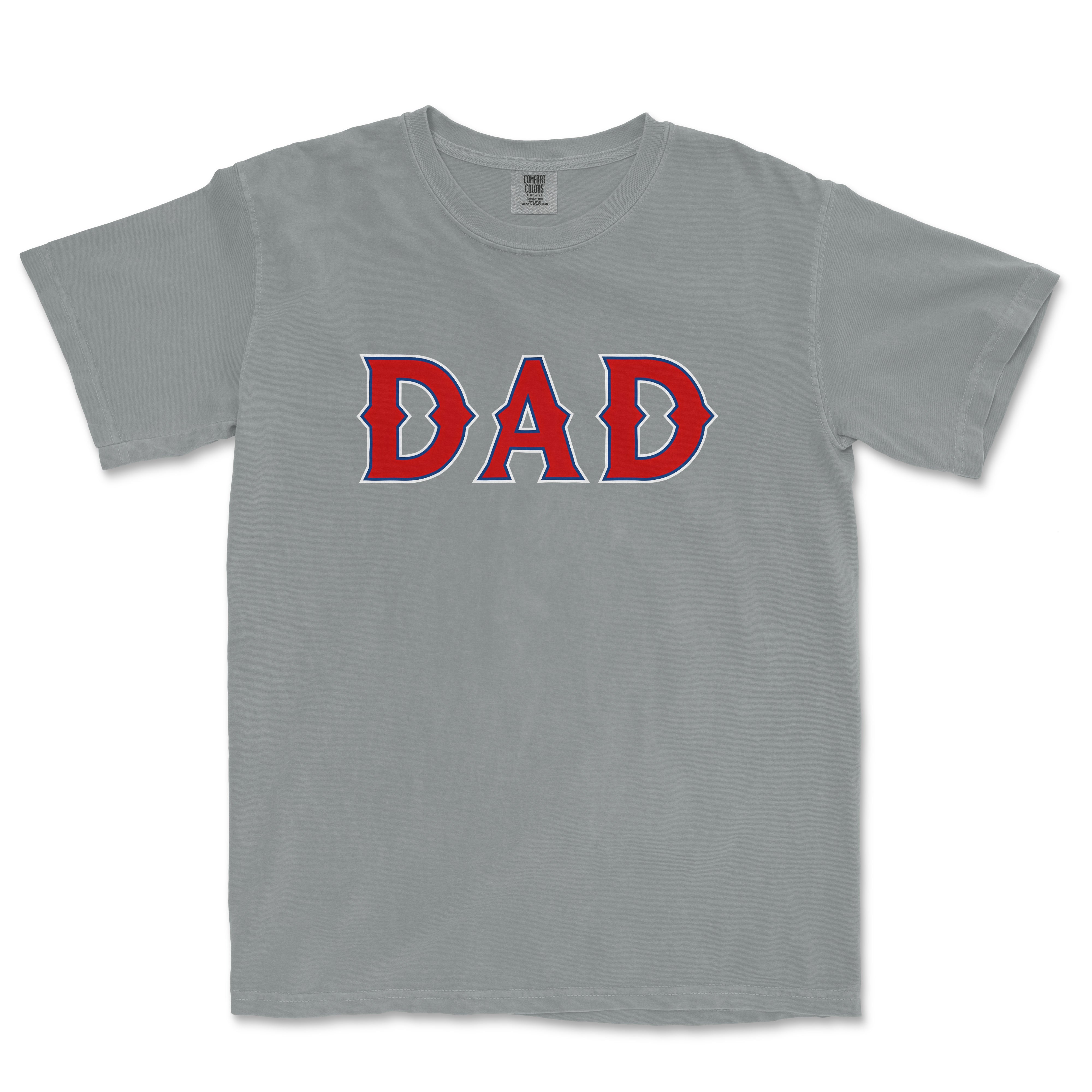 Gray T-shirt with "DAD" in bold red and blue lettering, perfect for Texas baseball dad supporters.