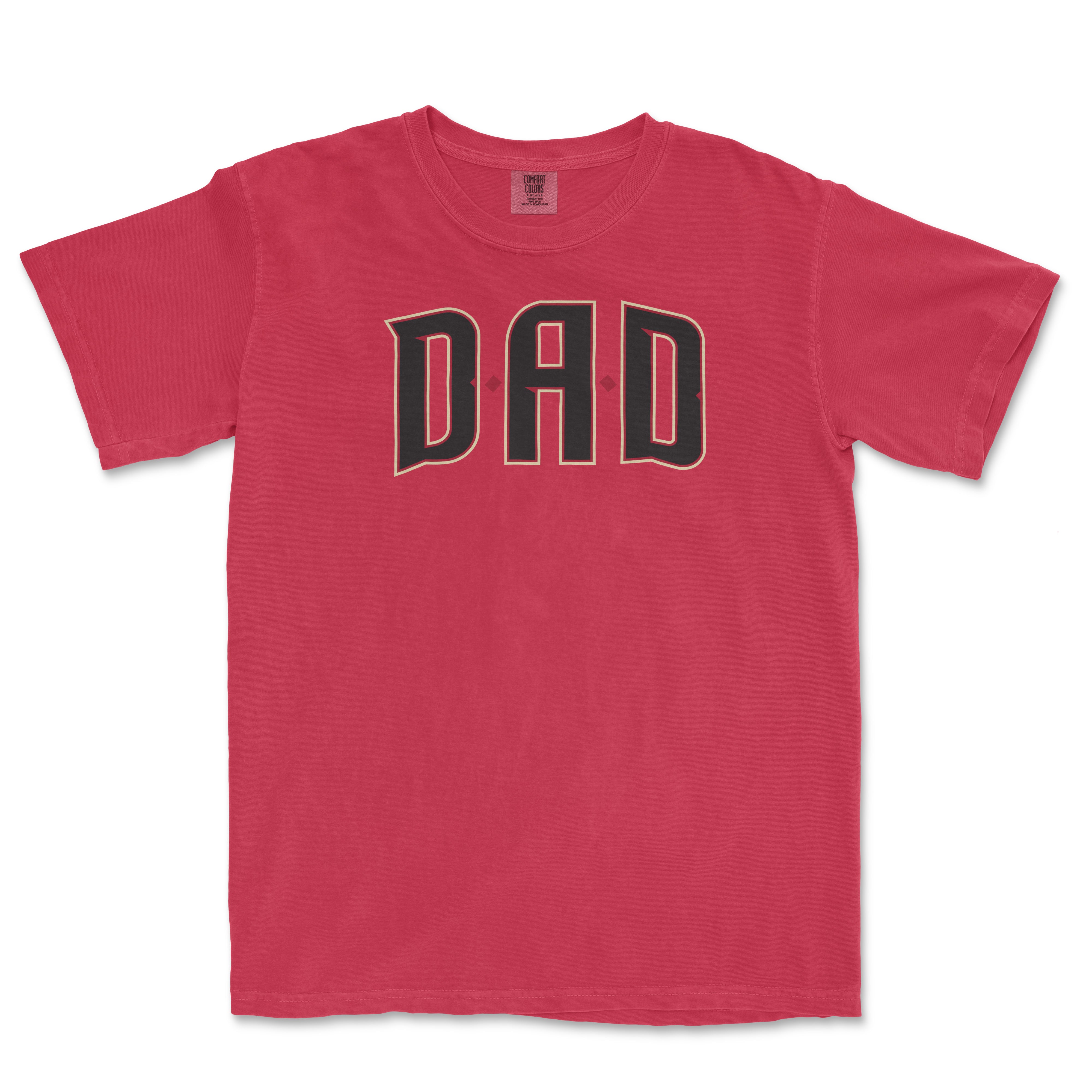 Red Comfort Colors tee with bold black "DAD" text outlined in white, perfect for Arizona baseball dads.