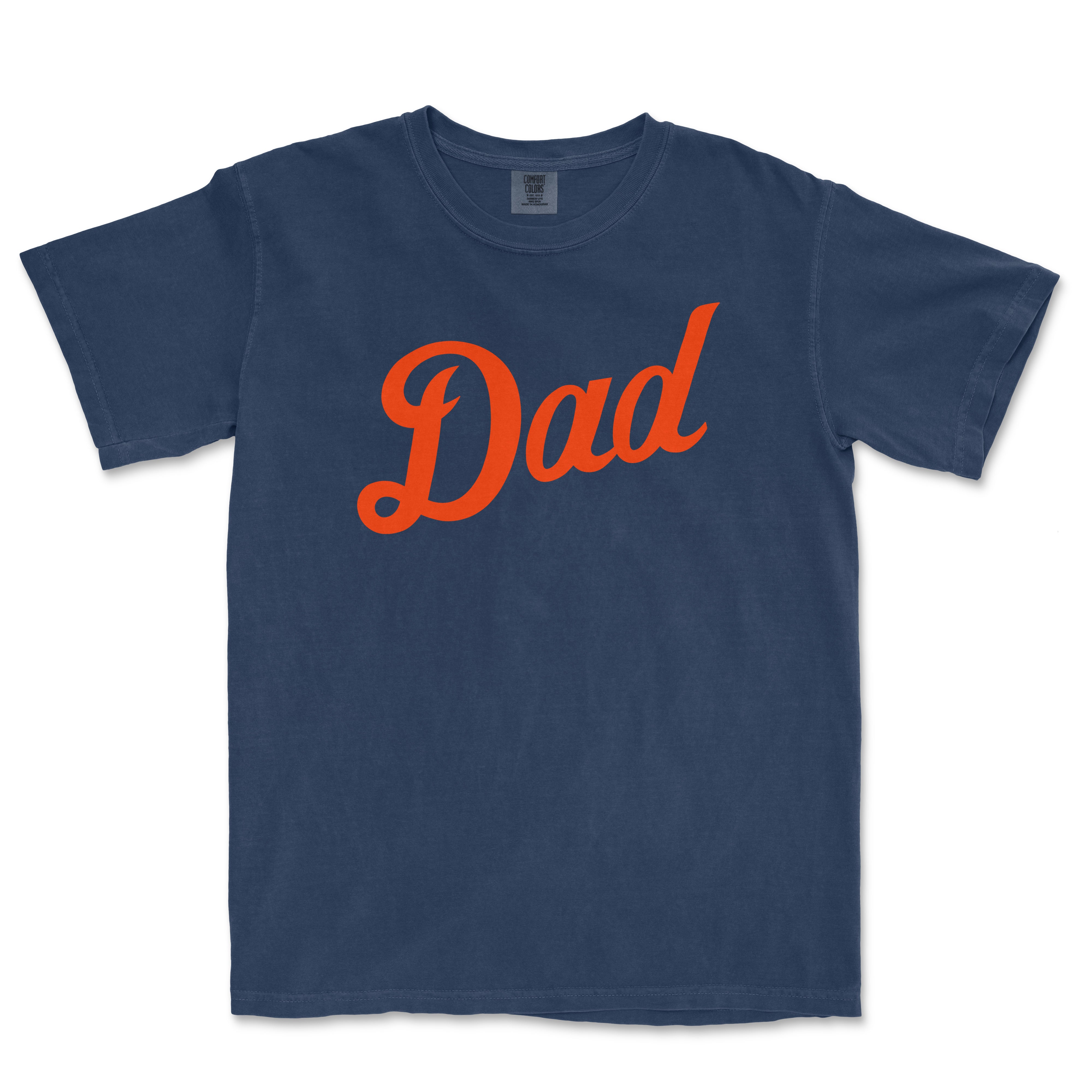 Comfort Colors navy T-shirt with orange "Dad" text in a bold, cursive font, perfect for Detroit baseball dads.