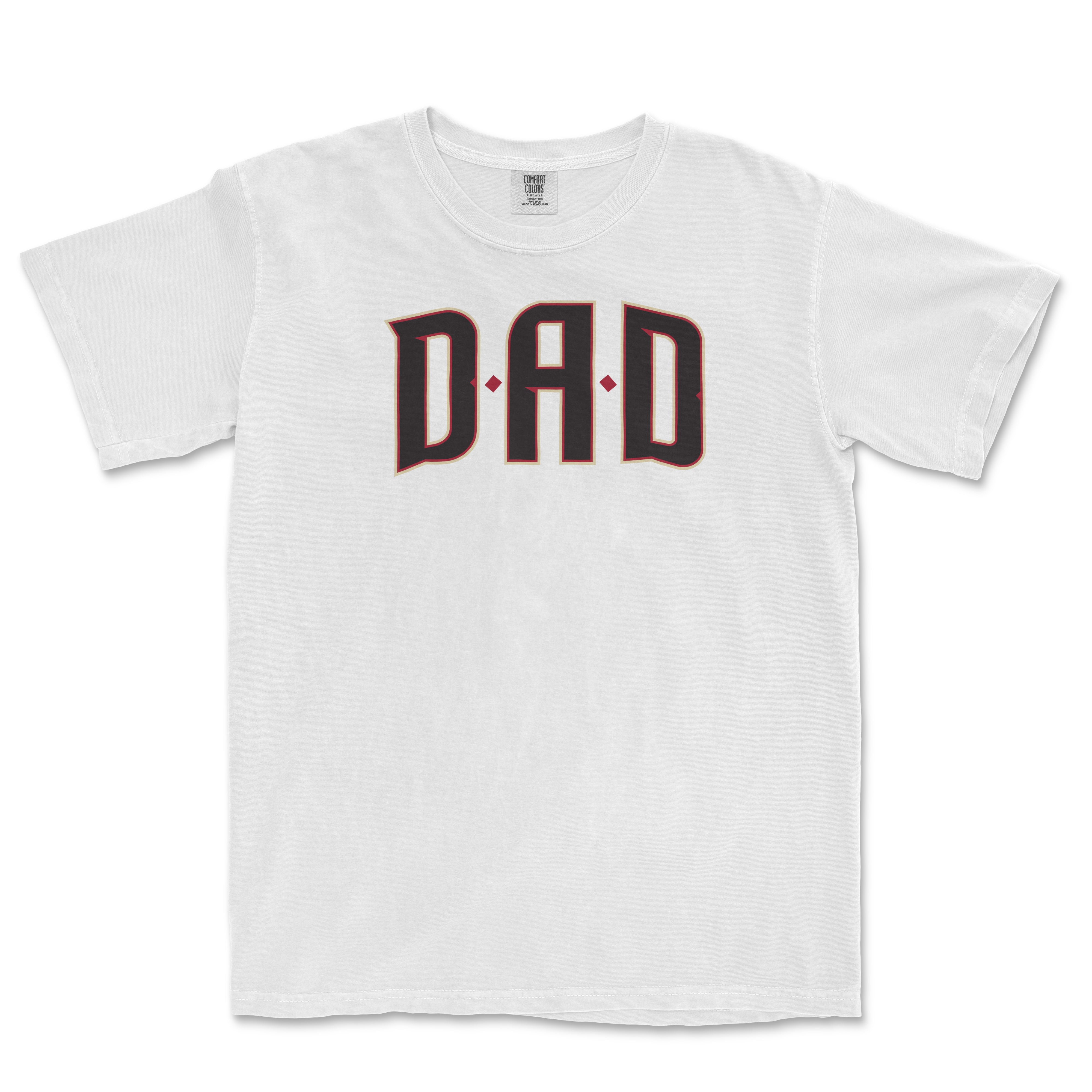 White Comfort Colors tee with "DAD" in bold black and red lettering, perfect for Arizona baseball dads.