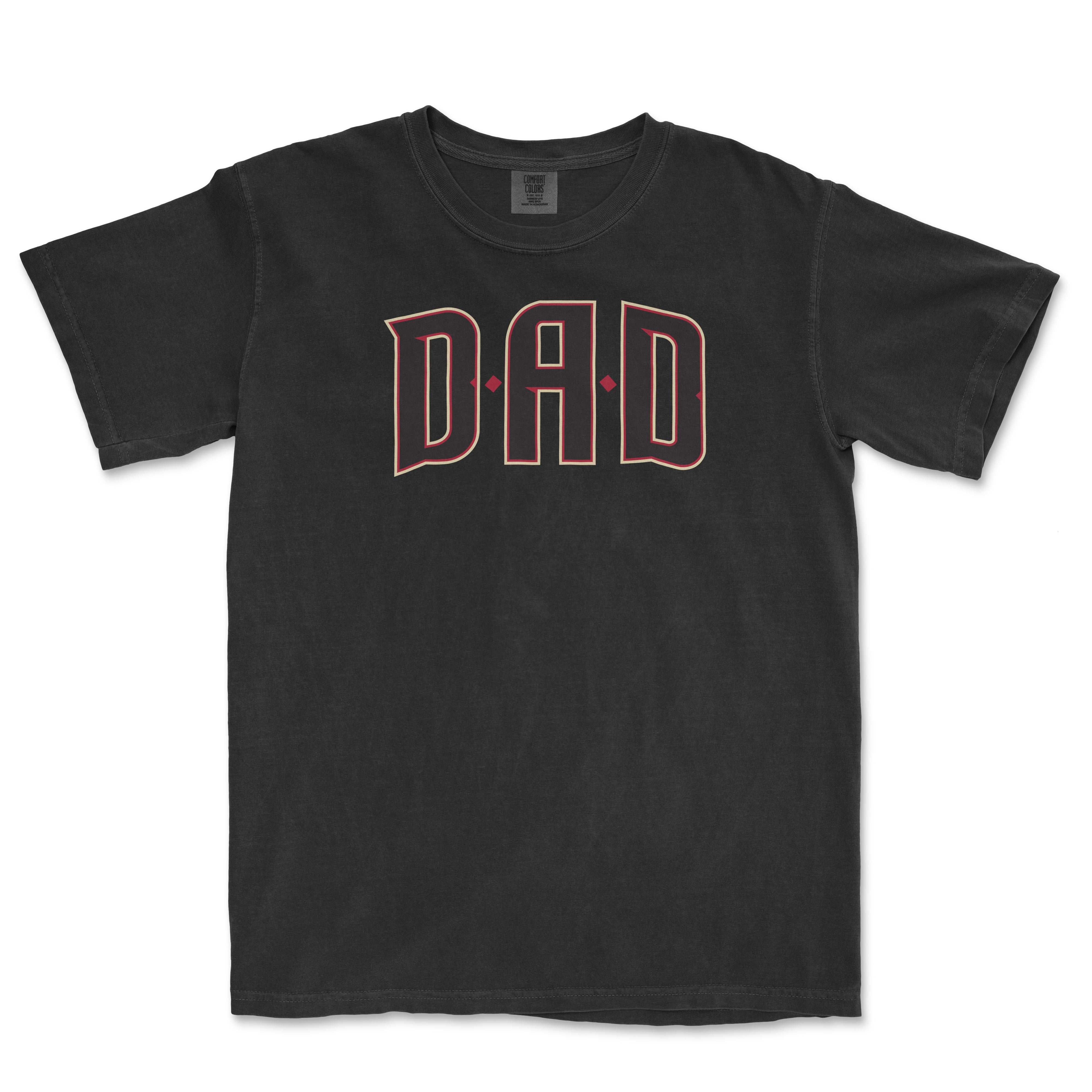 Black Comfort Colors T-shirt with "DAD" in large, outlined red and white lettering across the front.