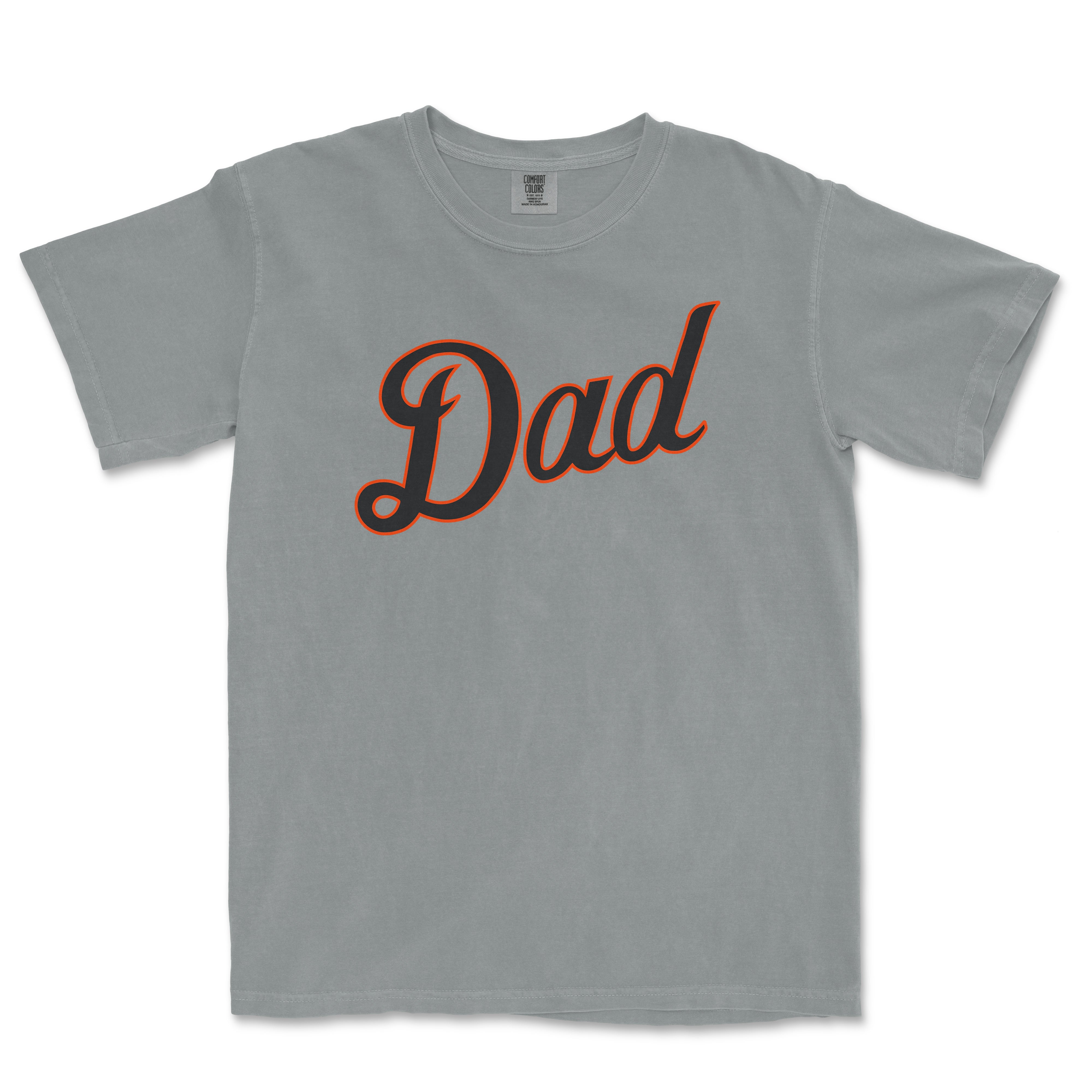 Gray Comfort Colors T-shirt with "Dad" in bold black and orange script across the front, celebrating Detroit baseball dads.