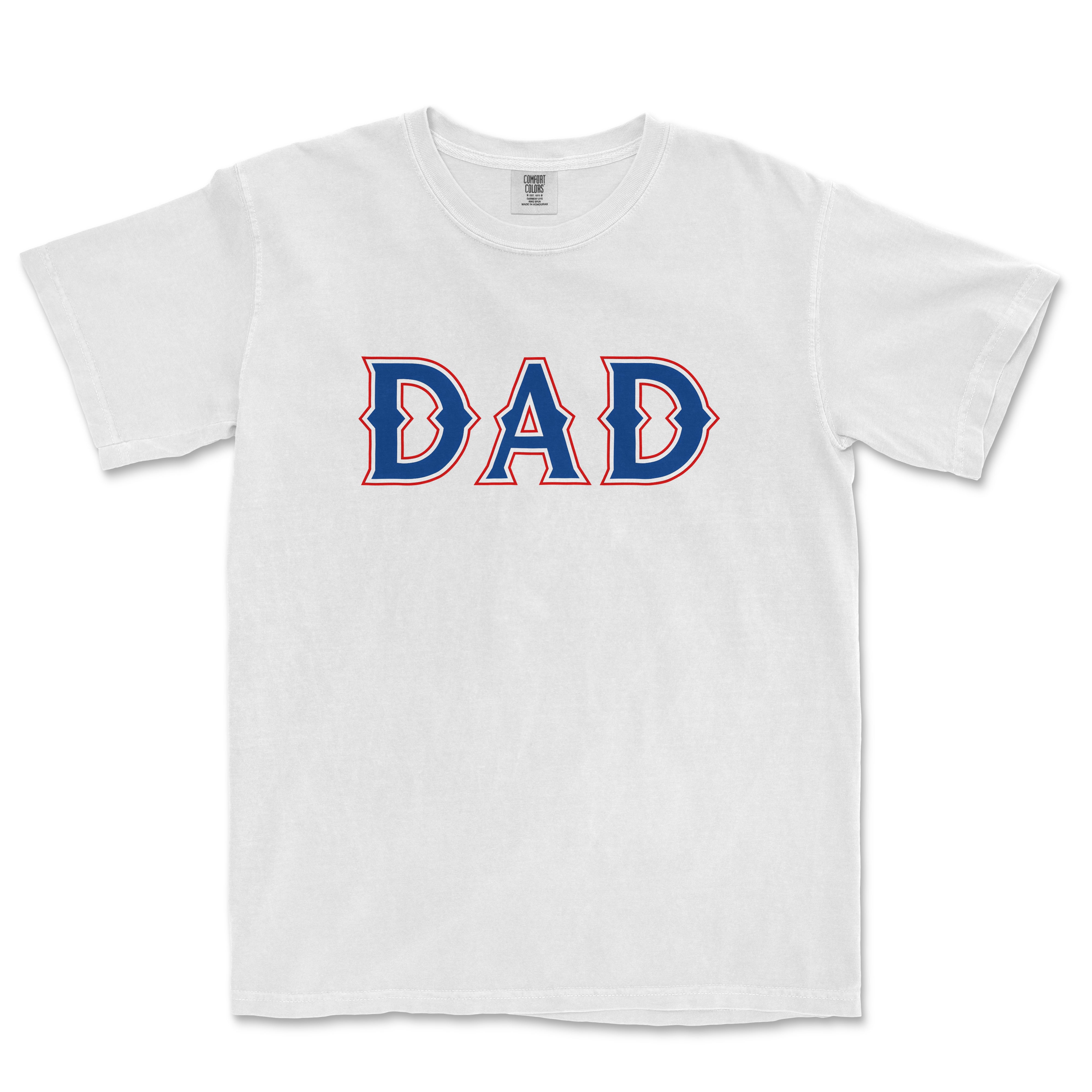 White T-shirt with "DAD" printed in bold blue letters outlined in red, celebrating Texas baseball dads.
