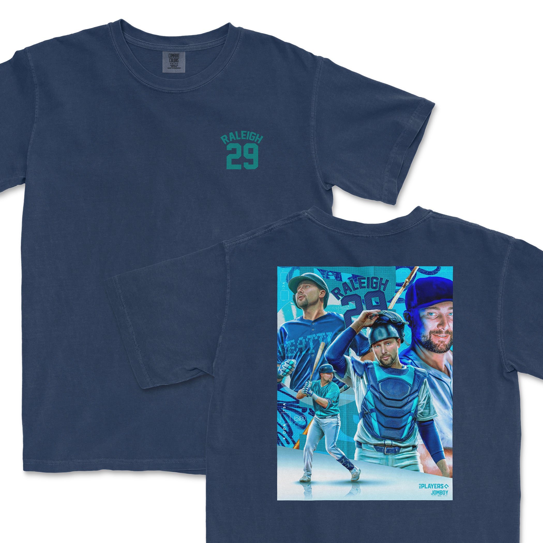 Comfort Colors navy T-shirt featuring "Raleigh 29" text on front and a colorful graphic of baseball players on back.
