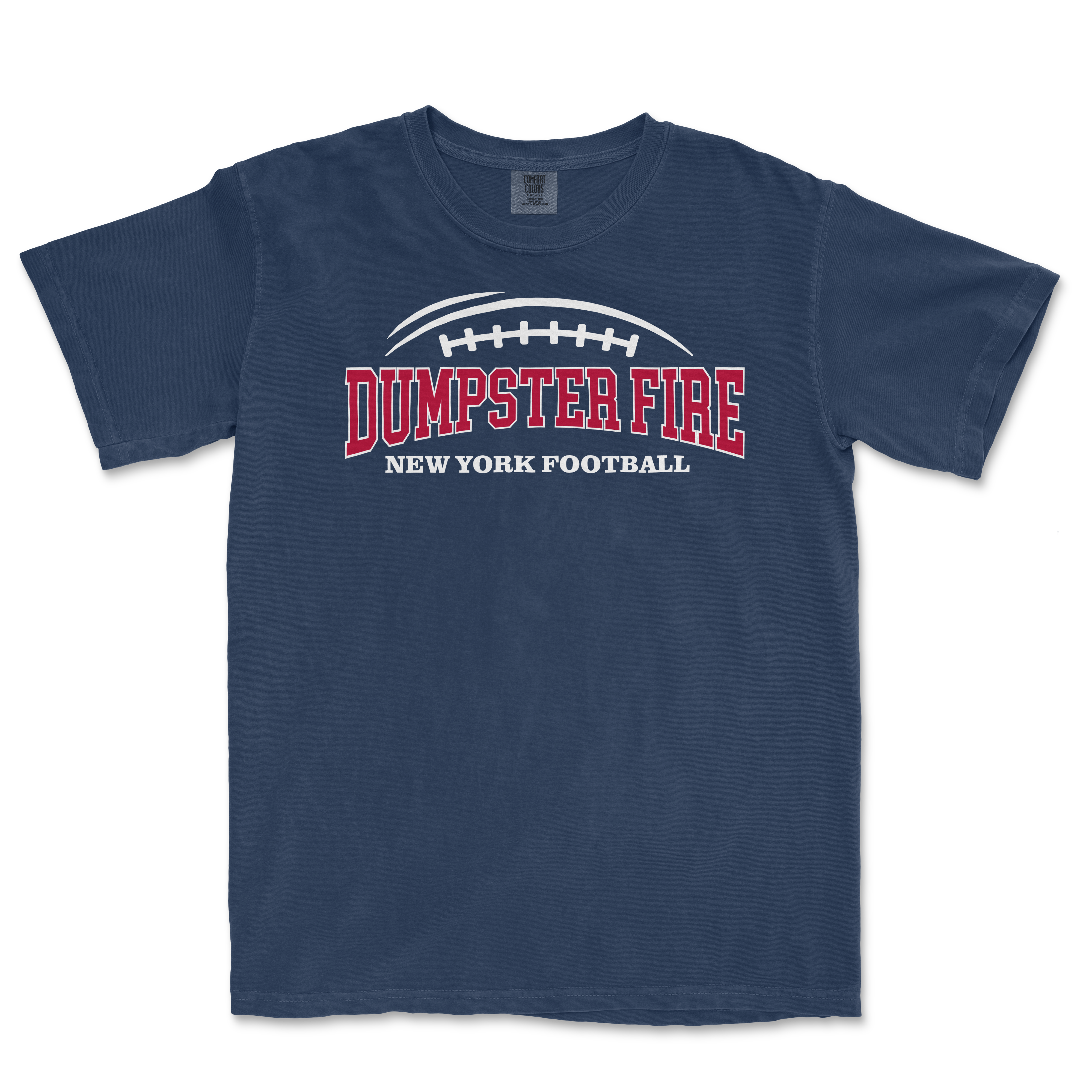 Navy blue t-shirt featuring "Dumpster Fire" and "New York Football" in bold red and white lettering with a football graphic.
