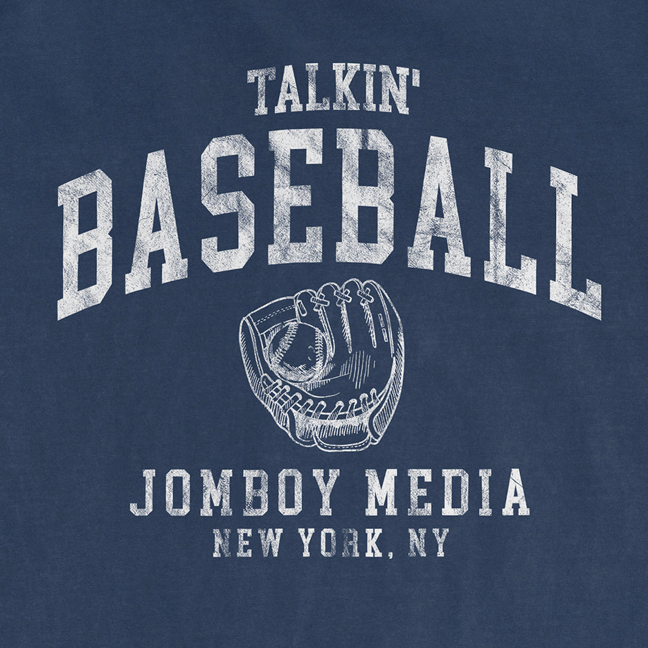 "Talking Baseball 90's Edition T-shirt featuring vintage-style text and a baseball glove illustration, NYC location.