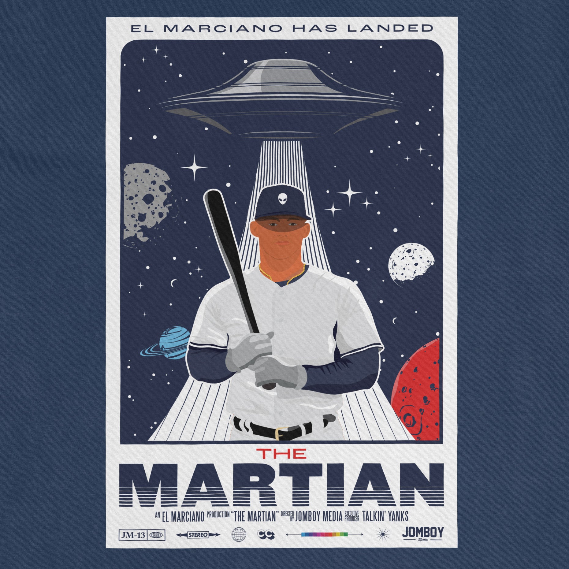 Illustration of a baseball player holding a bat, with a spaceship, planets, and moons in a space-themed background, titled "The Martian.