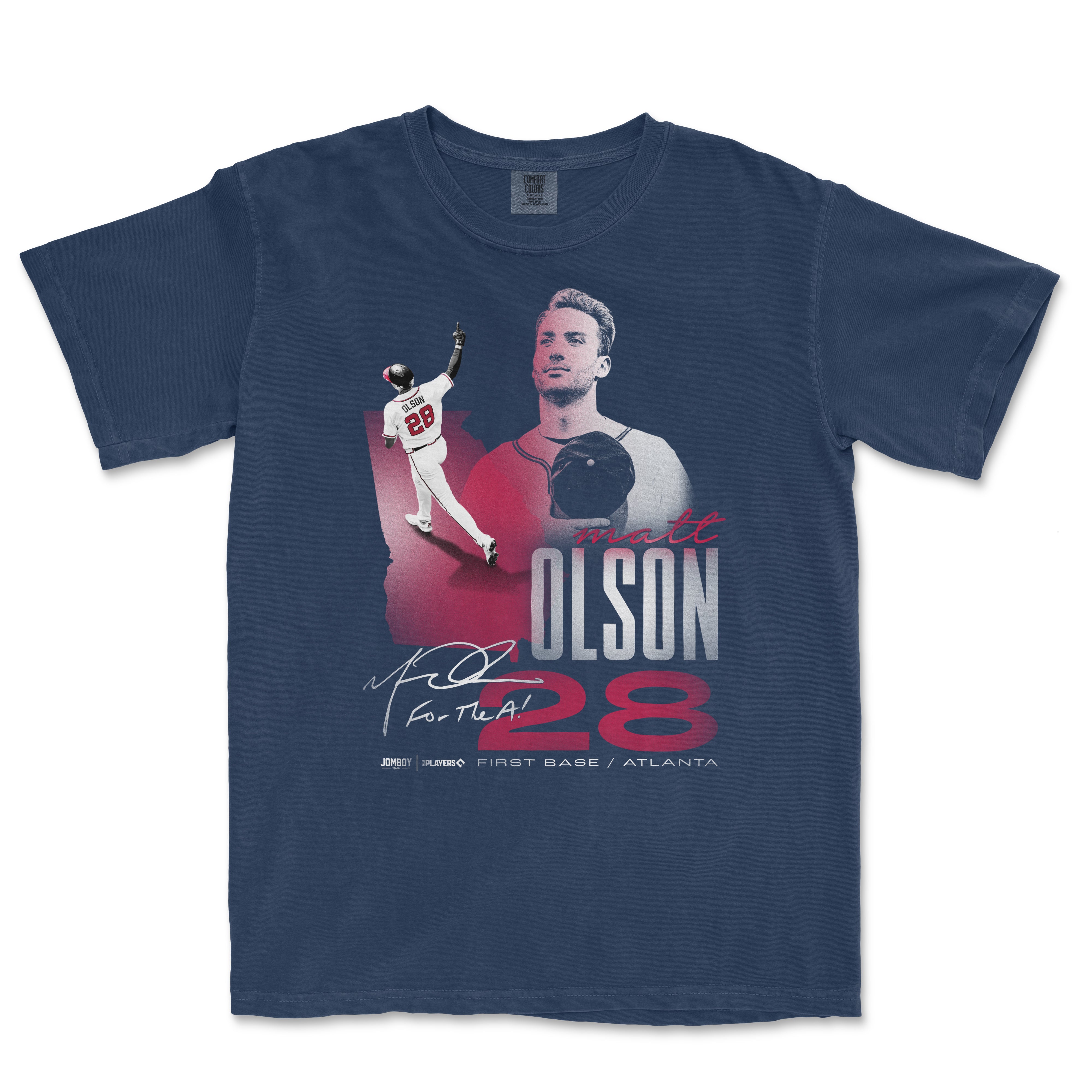 Navy Comfort Colors T-shirt featuring a graphic of Matt Olson, his signature, and the number 28, celebrating his baseball career.
